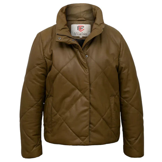 Women's Khaki Quilted Leather Stylish Jacket