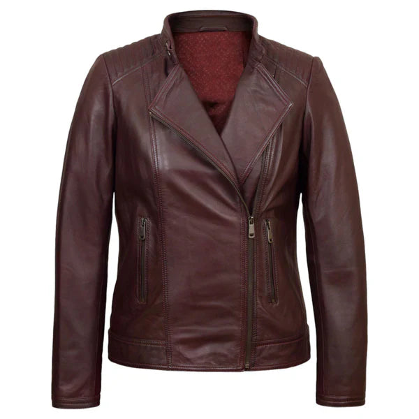Women's Maroon Leather Jacket - Stylish Moto Biker Design