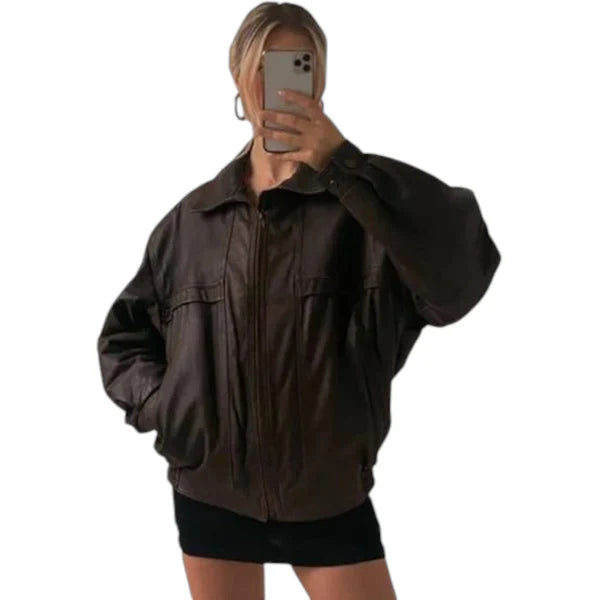 Women's Oversized Retro Brown Leather Jacket Vintage-Inspired Fashion