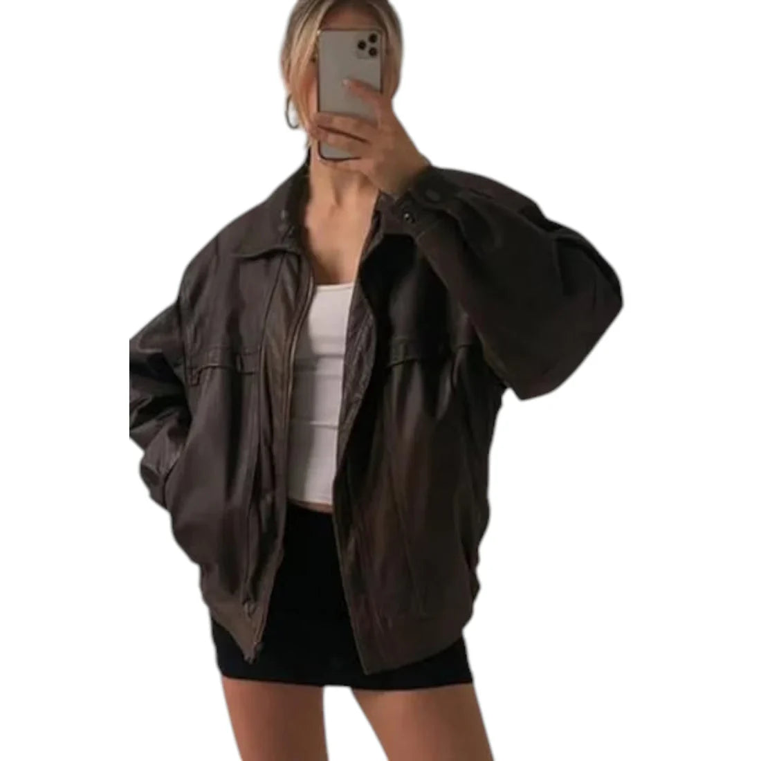 Women's Oversized Retro Brown Leather Jacket Vintage-Inspired Fashion
