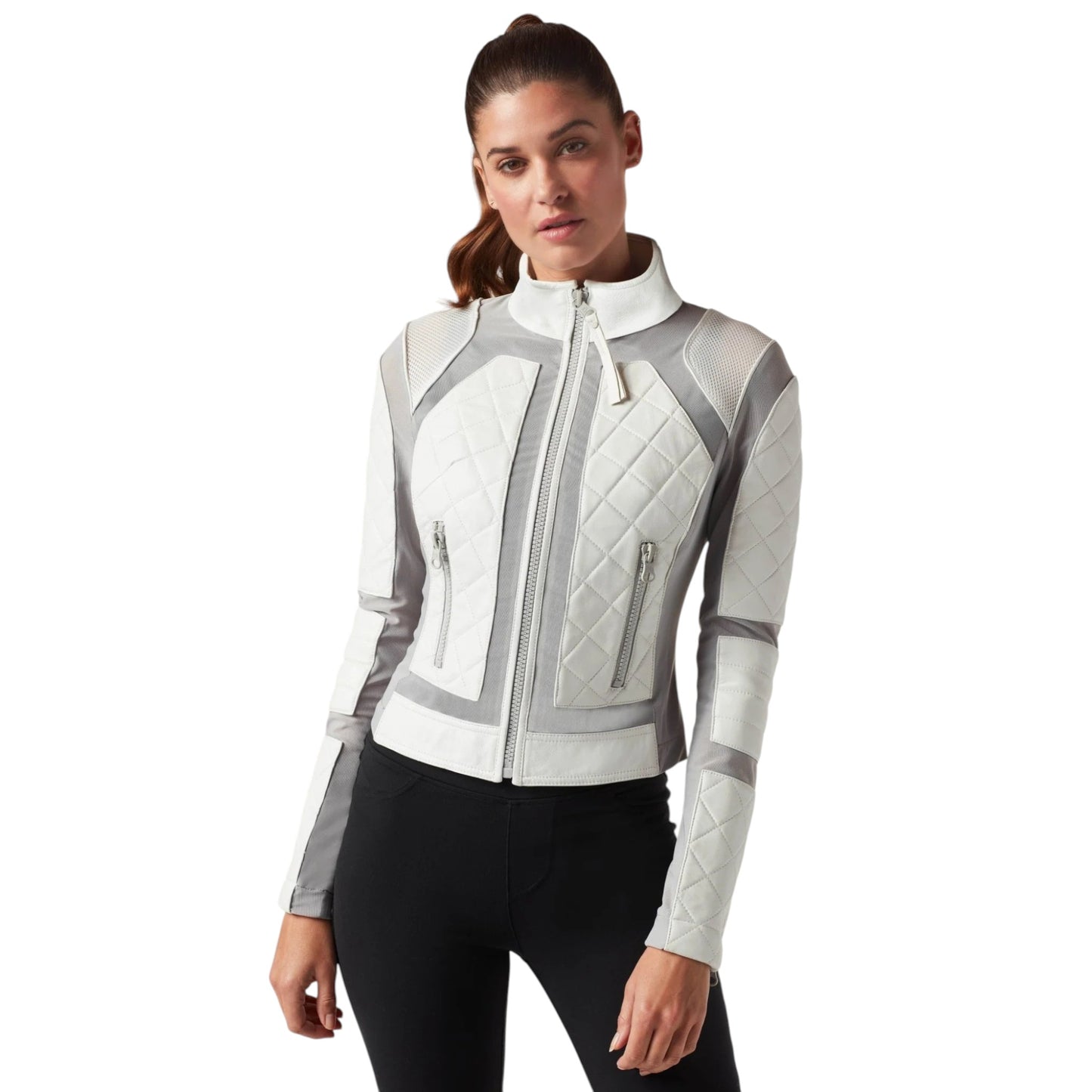 Woman wearing a white and gray quilted jacket on a white background