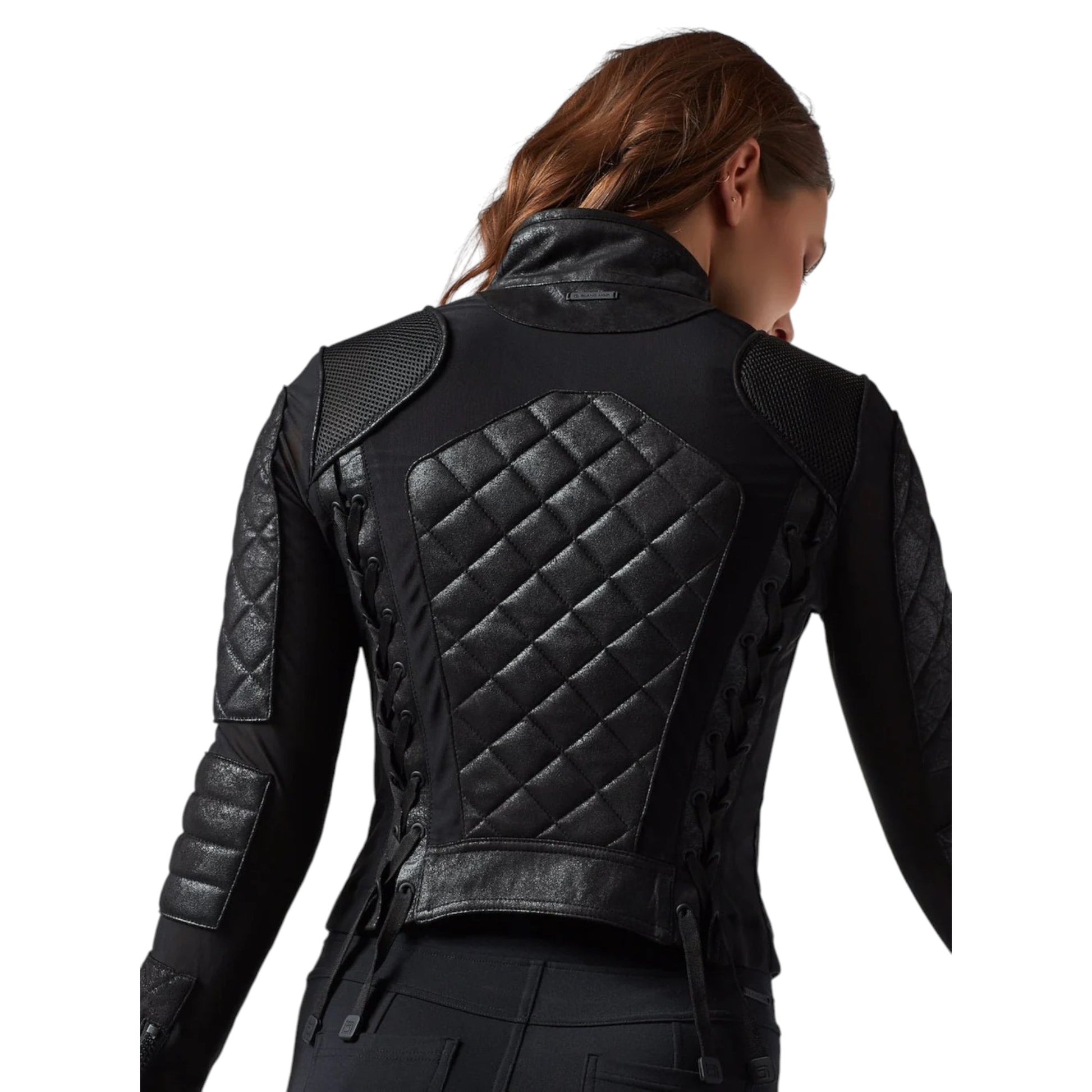 Black leather jacket with quilted back design on a white background