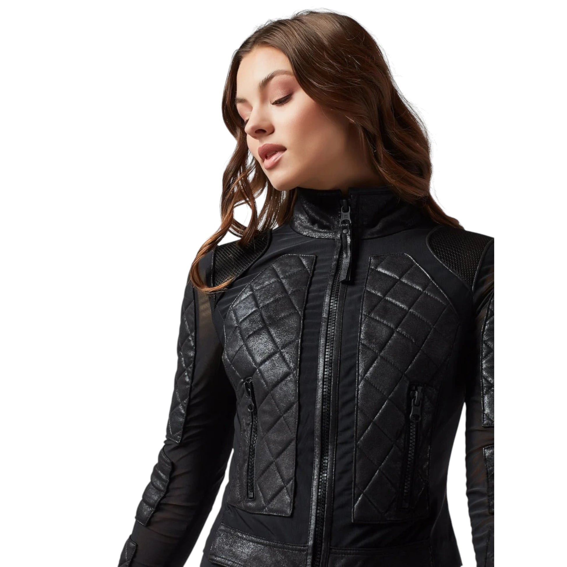 Woman wearing a black quilted jacket on a white background