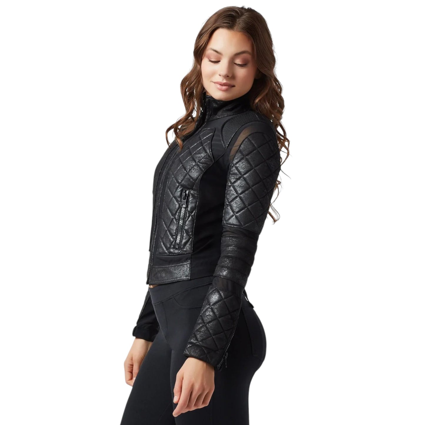 Woman wearing a black quilted leather jacket on a white background