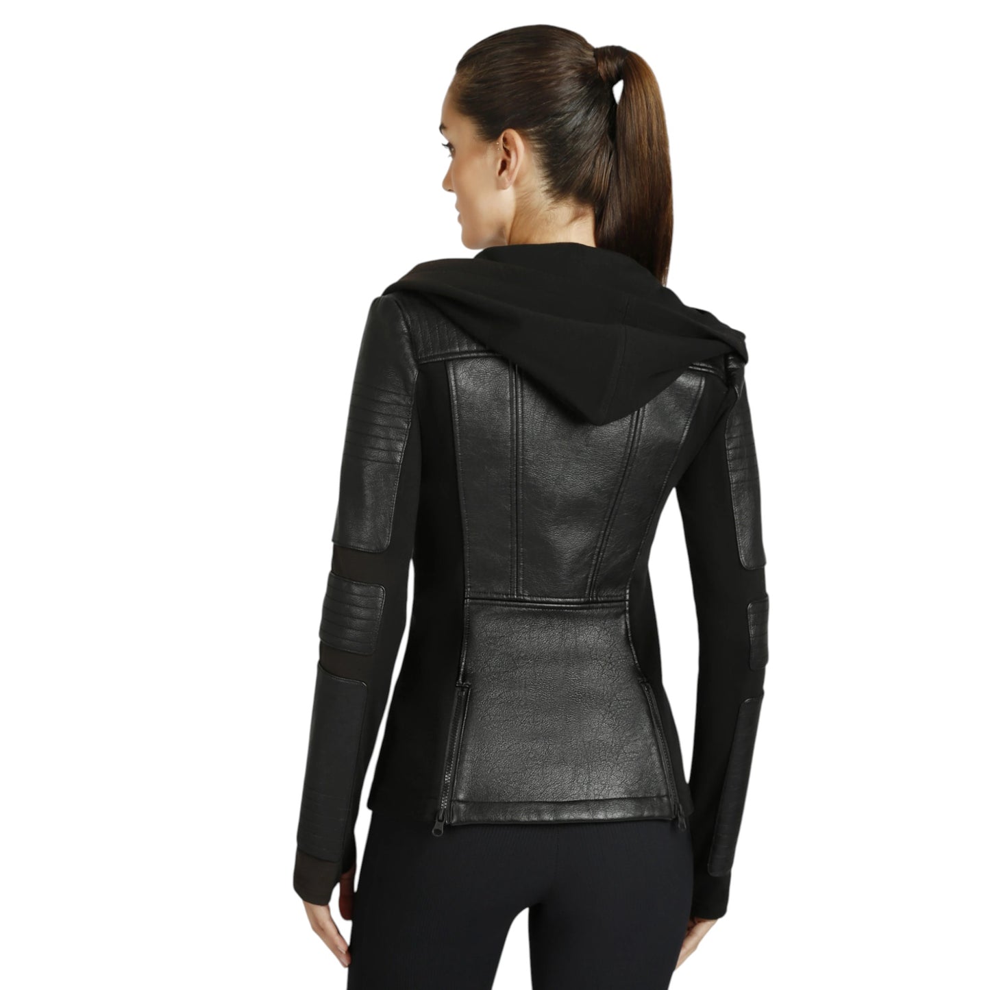 Black leather jacket with a hood worn by a person on a white background