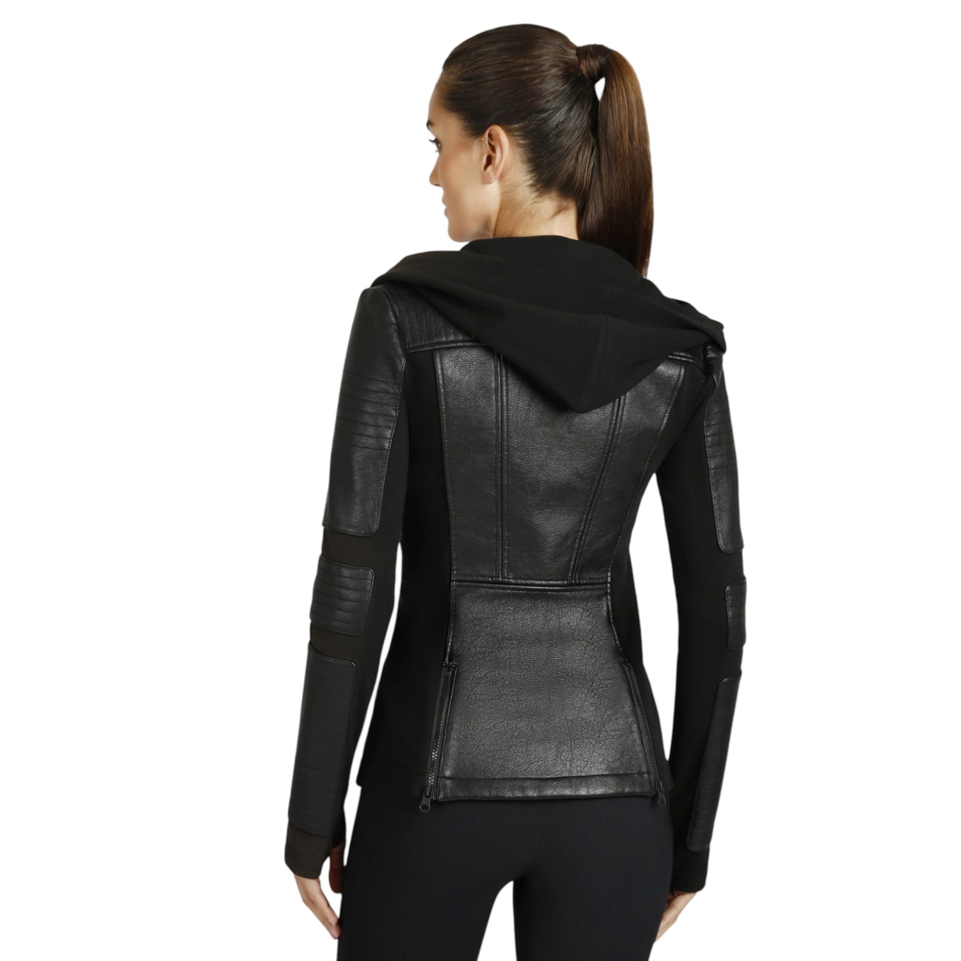 Black leather jacket with a hood worn by a person on a white background