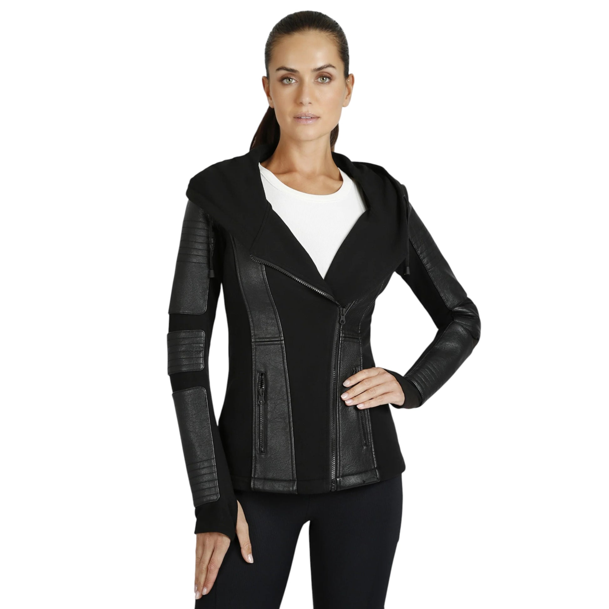Woman wearing a black leather jacket on a white background