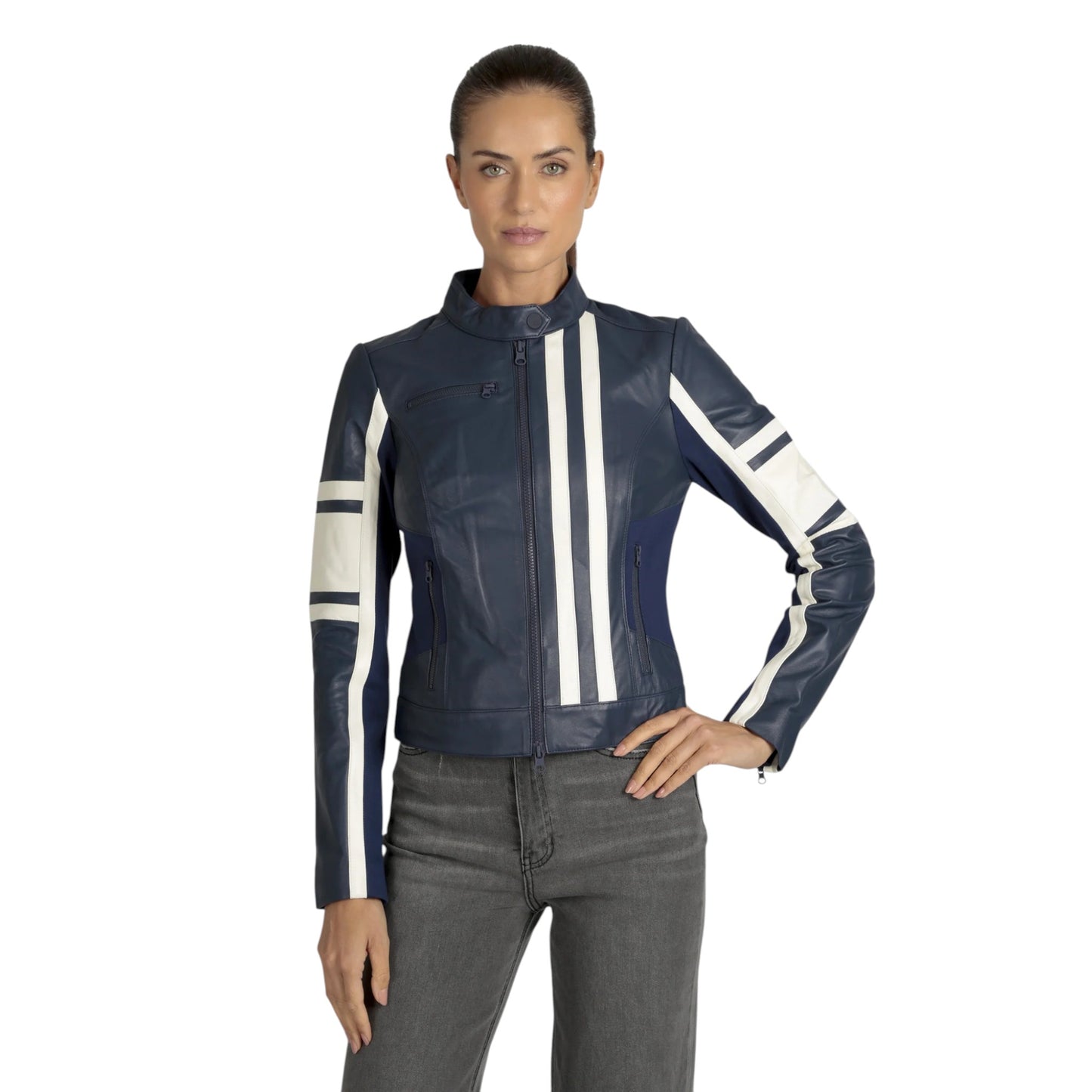 Women’s White Leather Racer, Fashion Jacket | Stylish Slim Fit Moto Jacket