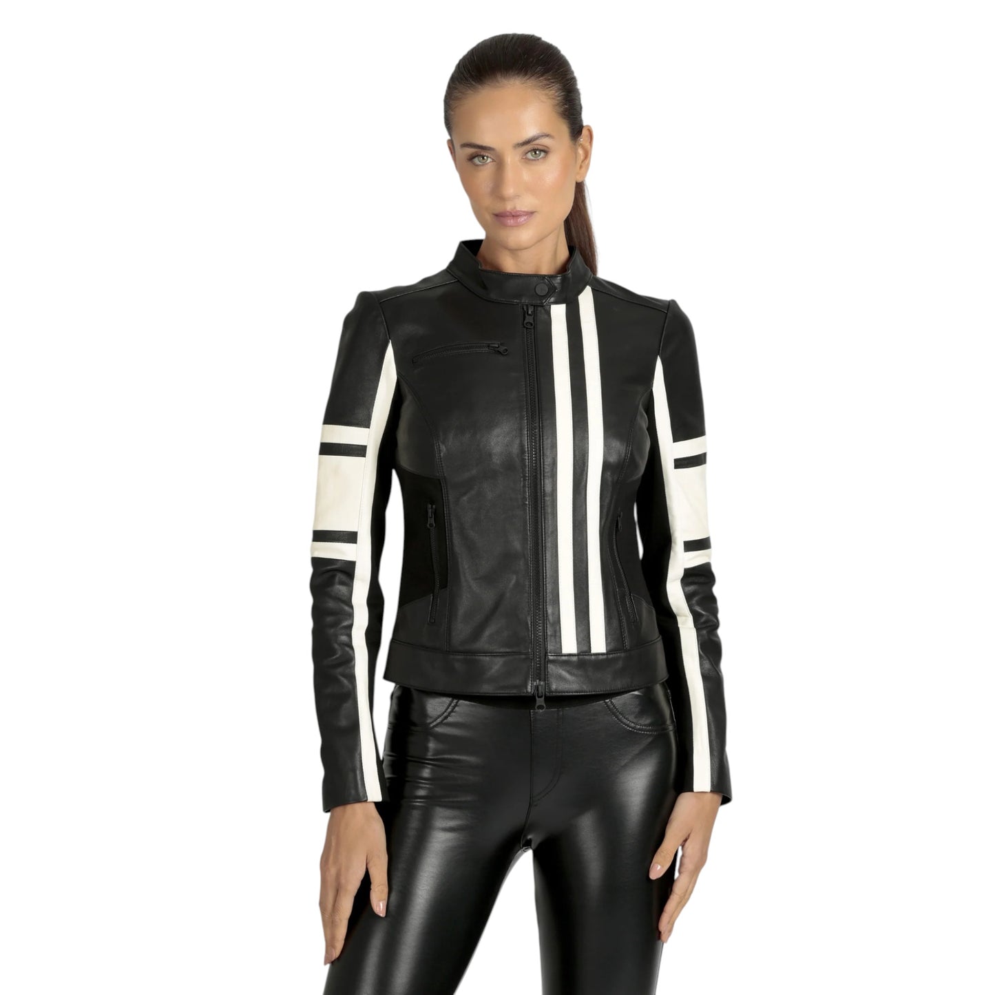 Women’s White Leather Racer, Fashion Jacket | Stylish Slim Fit Moto Jacket