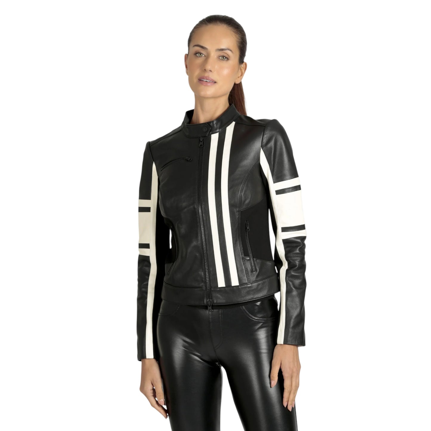Women’s White Leather Racer, Fashion Jacket | Stylish Slim Fit Moto Jacket