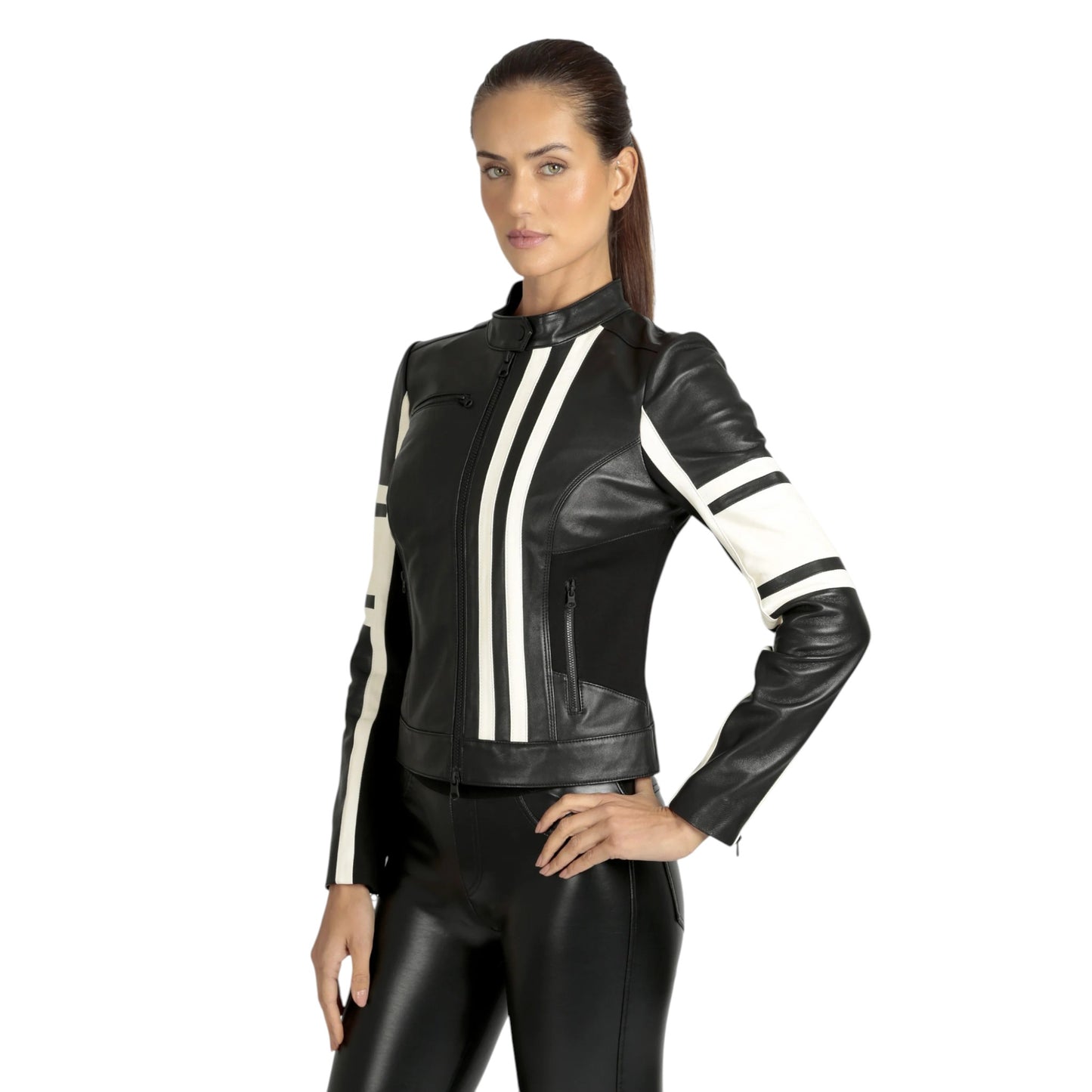 Women’s White Leather Racer, Fashion Jacket | Stylish Slim Fit Moto Jacket