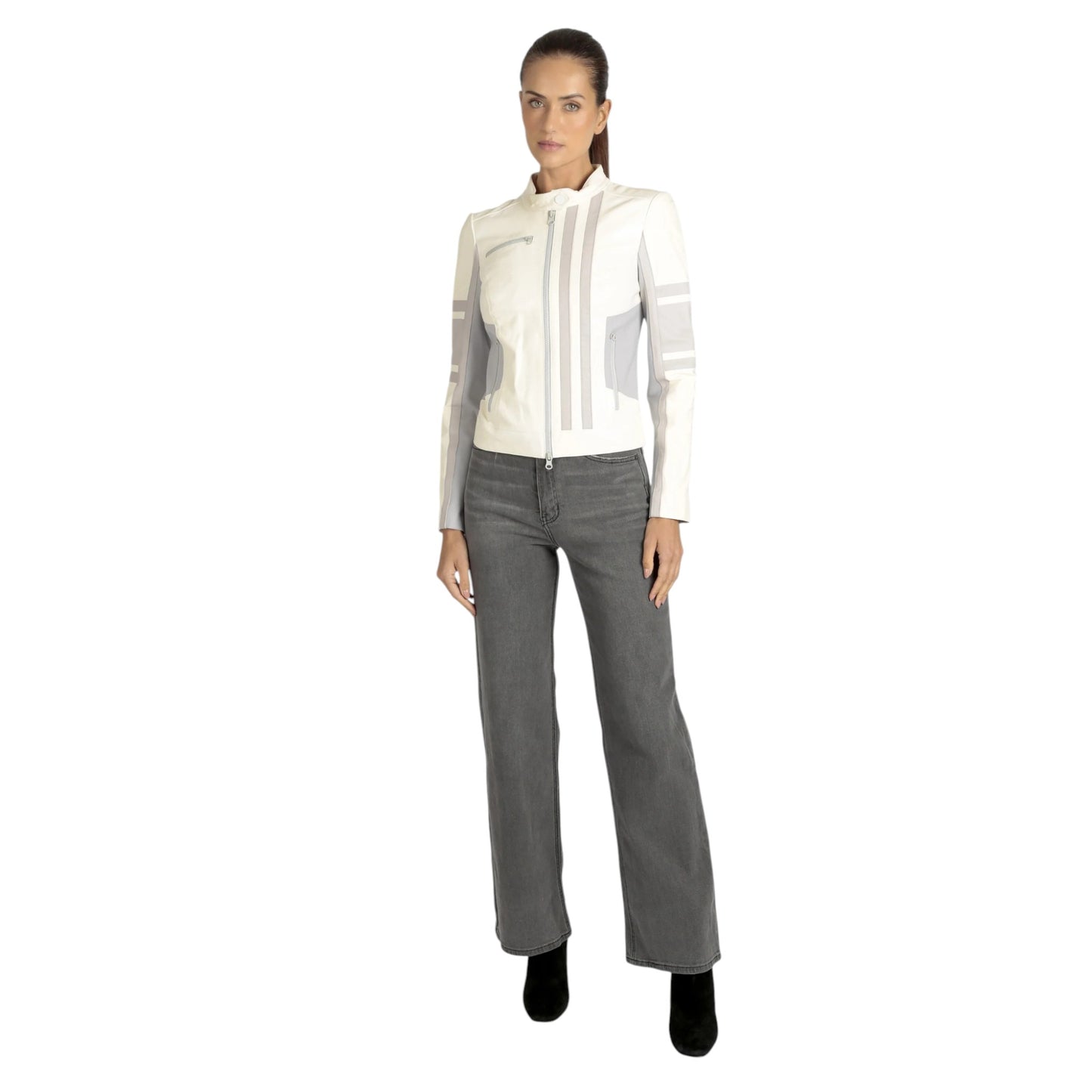 Women’s White Leather Racer, Fashion Jacket | Stylish Slim Fit Moto Jacket