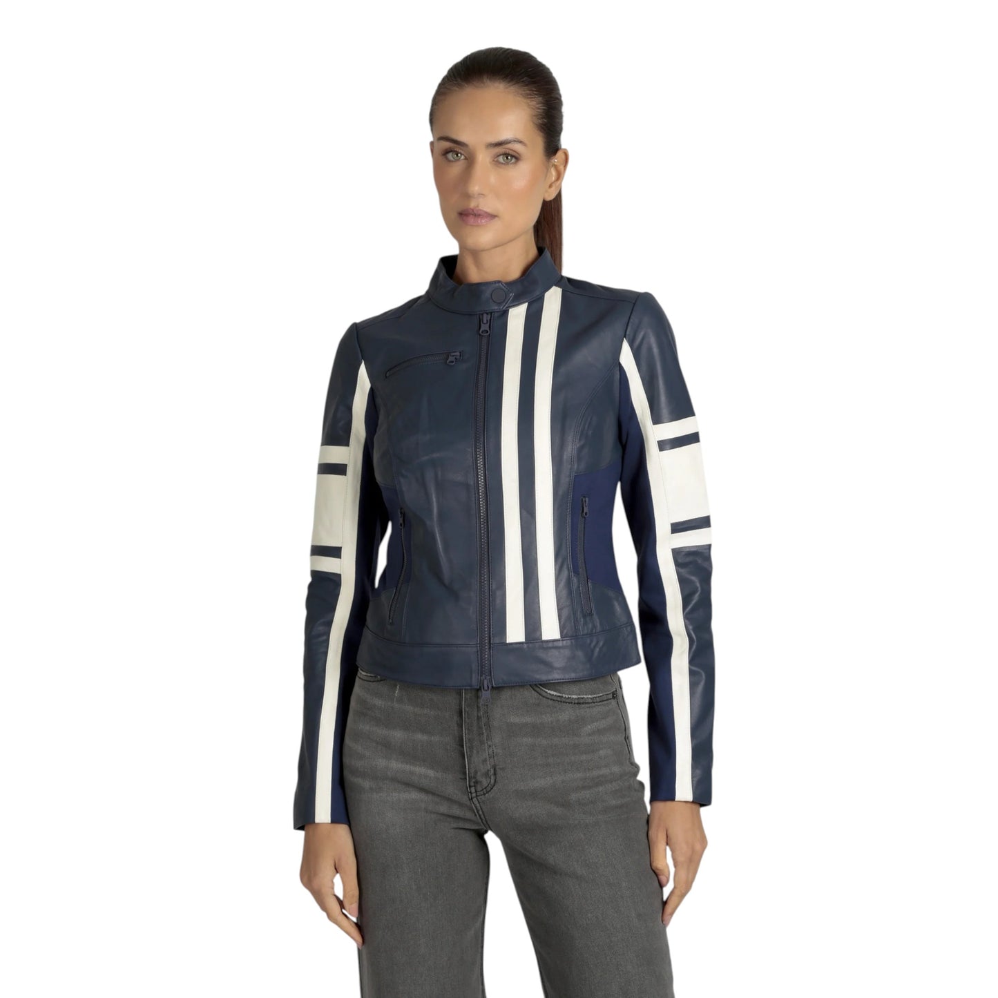 Women’s White Leather Racer, Fashion Jacket | Stylish Slim Fit Moto Jacket