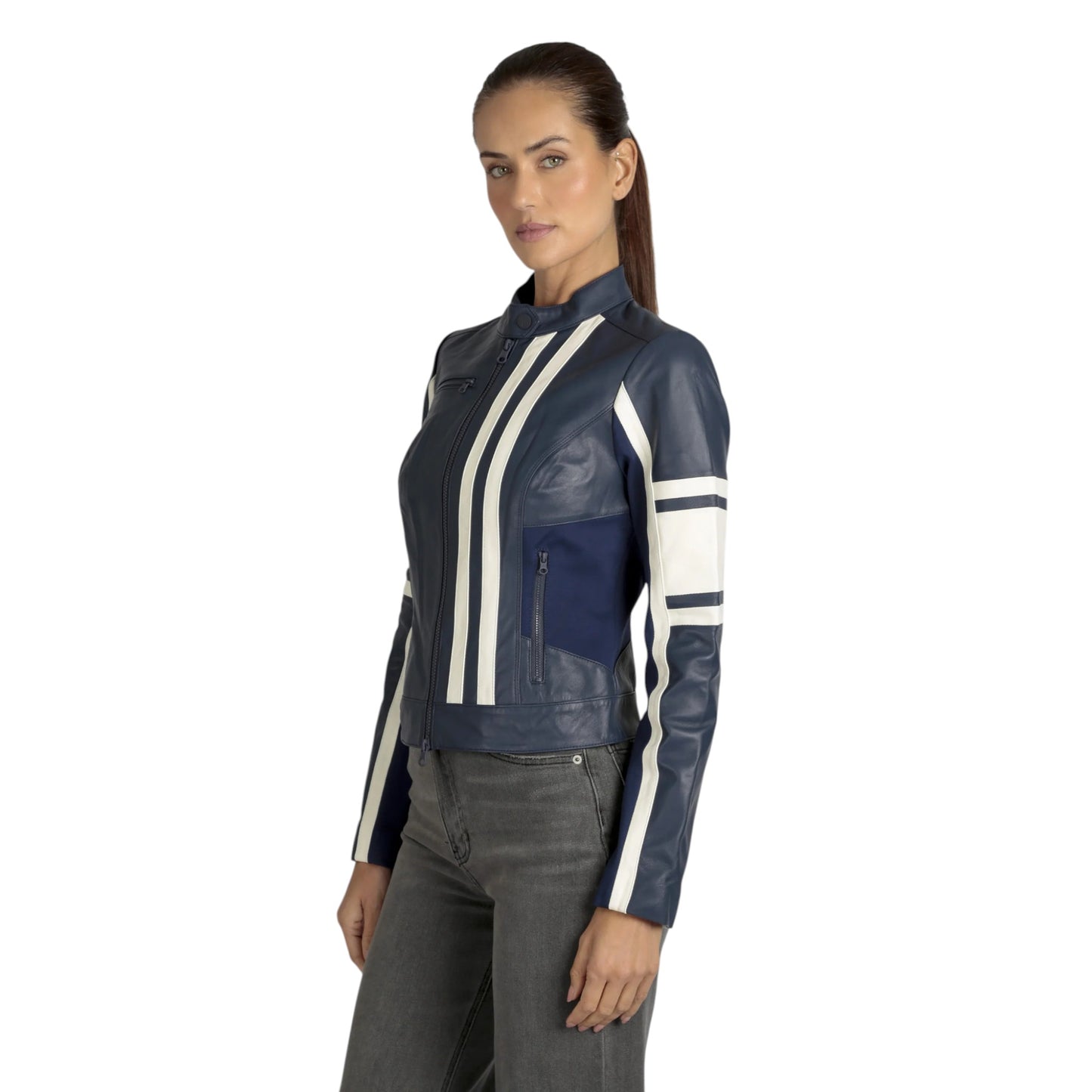 Women’s White Leather Racer, Fashion Jacket | Stylish Slim Fit Moto Jacket