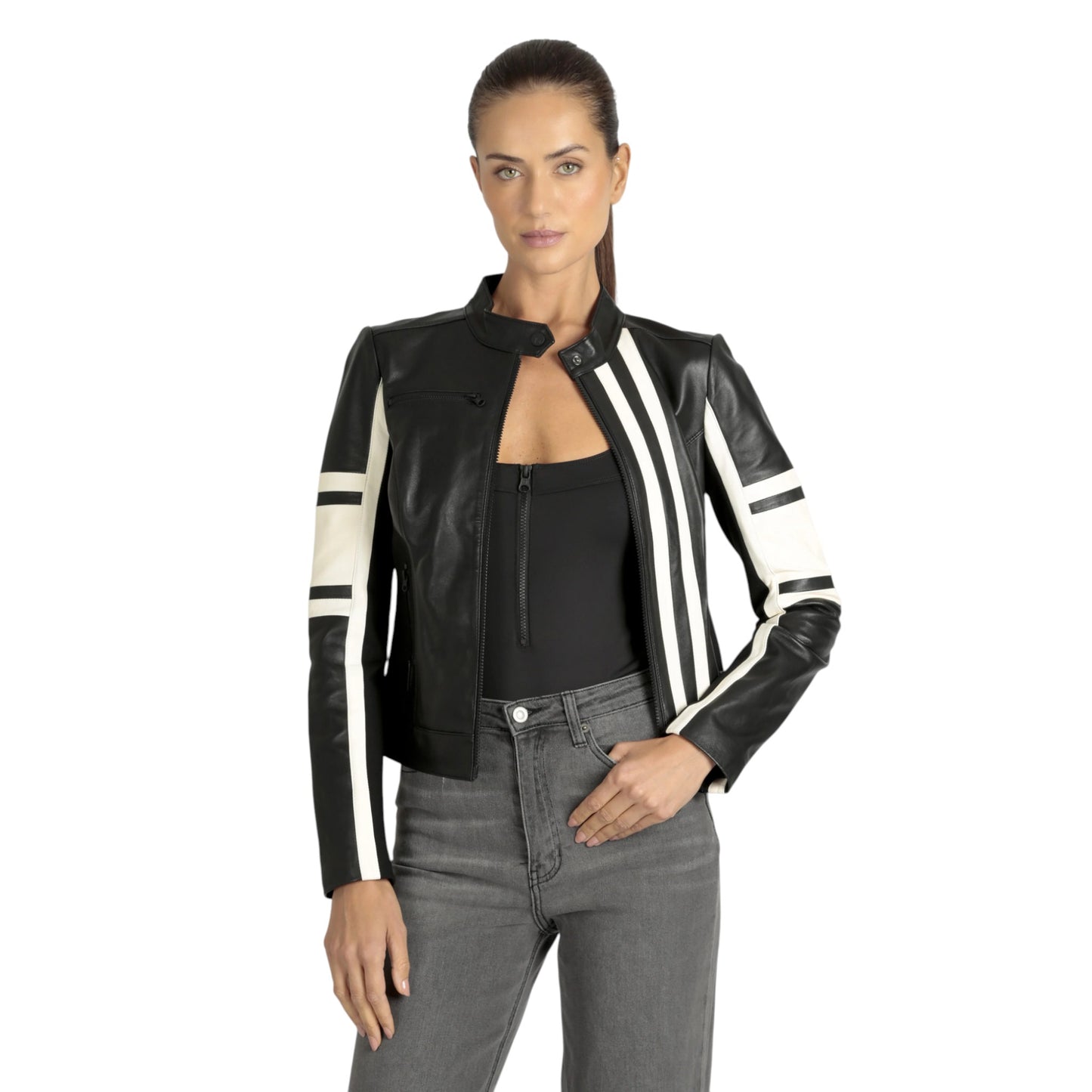 Women’s White Leather Racer, Fashion Jacket | Stylish Slim Fit Moto Jacket