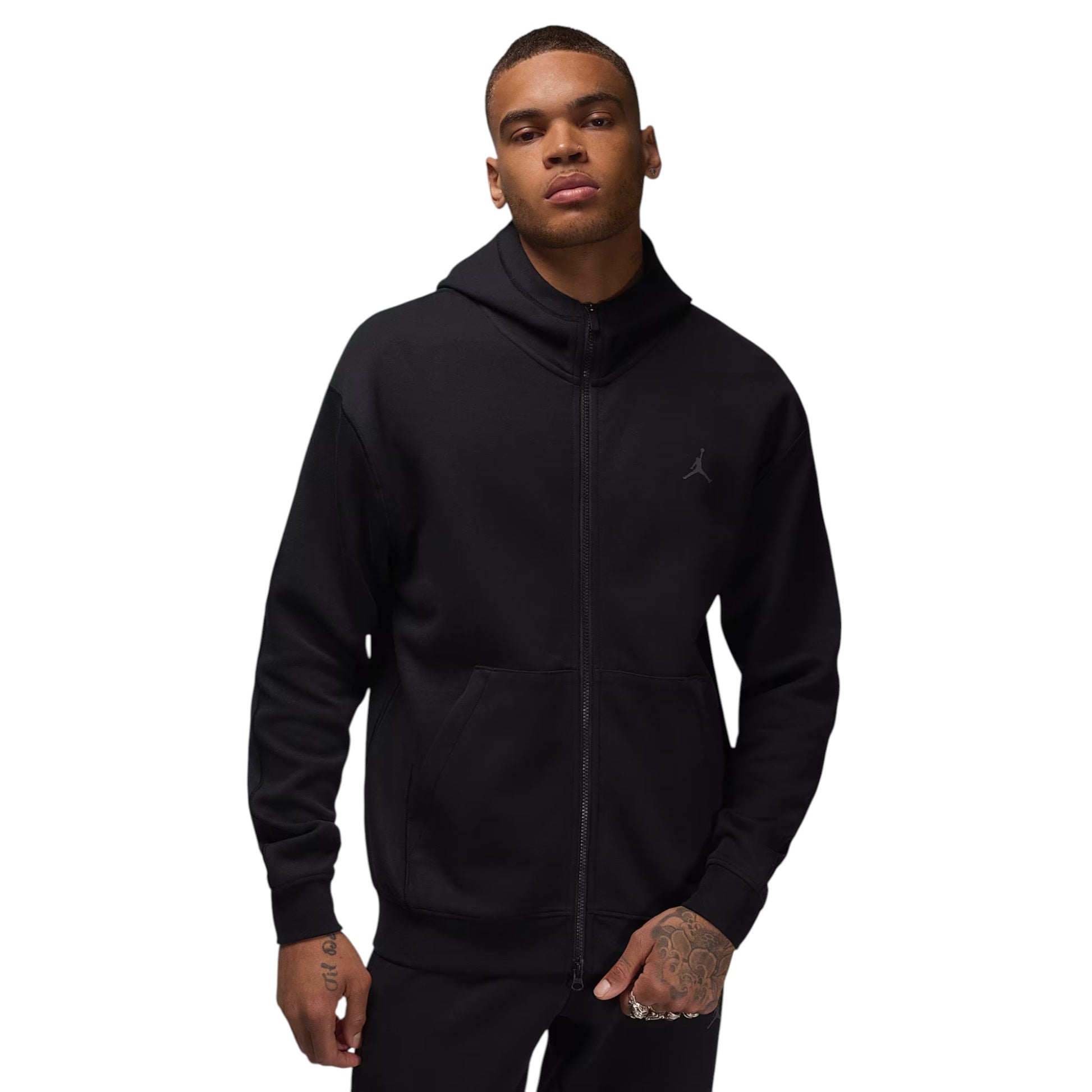 Man wearing a black hoodie with a logo on a white background
