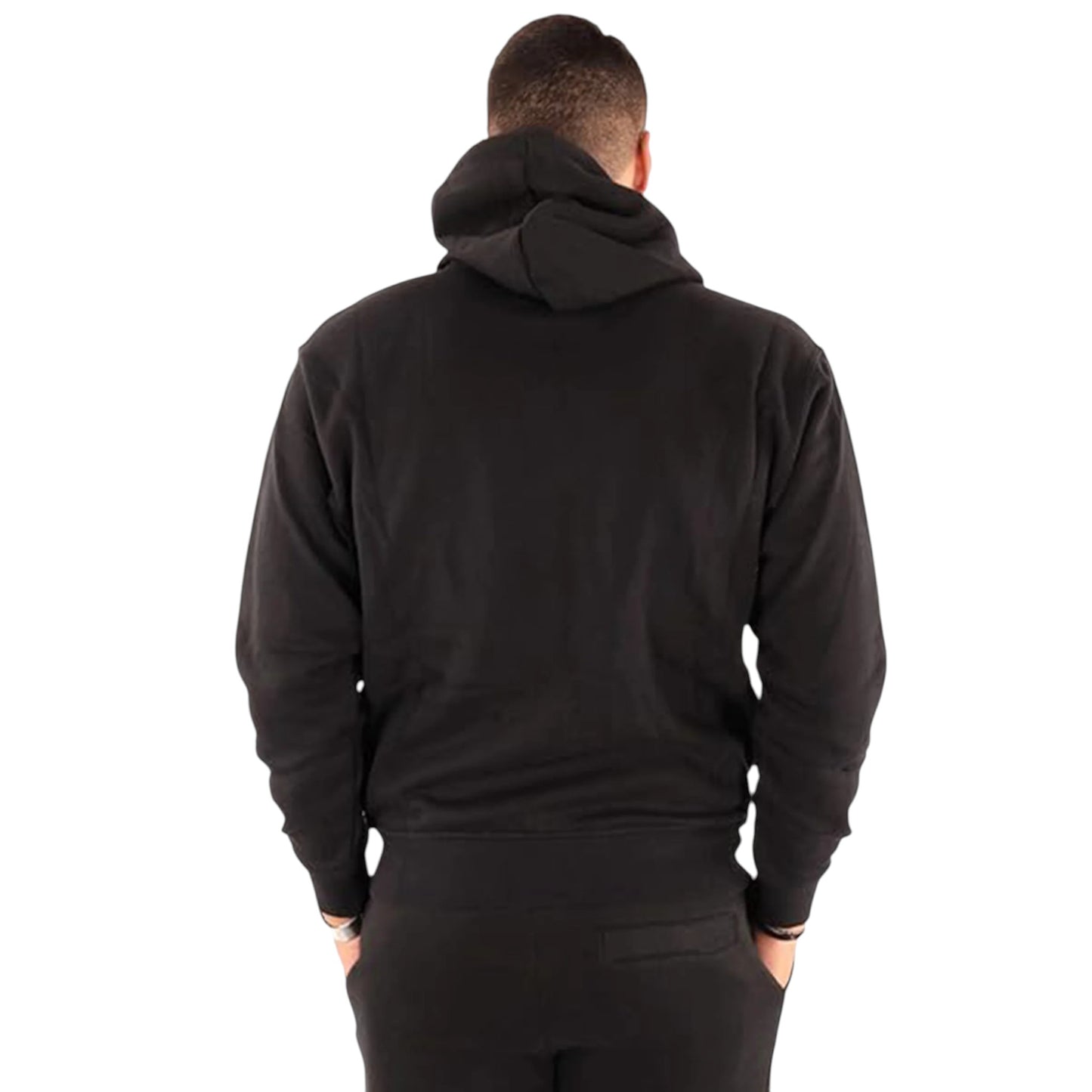 Person wearing a black hoodie from behind on a white background
