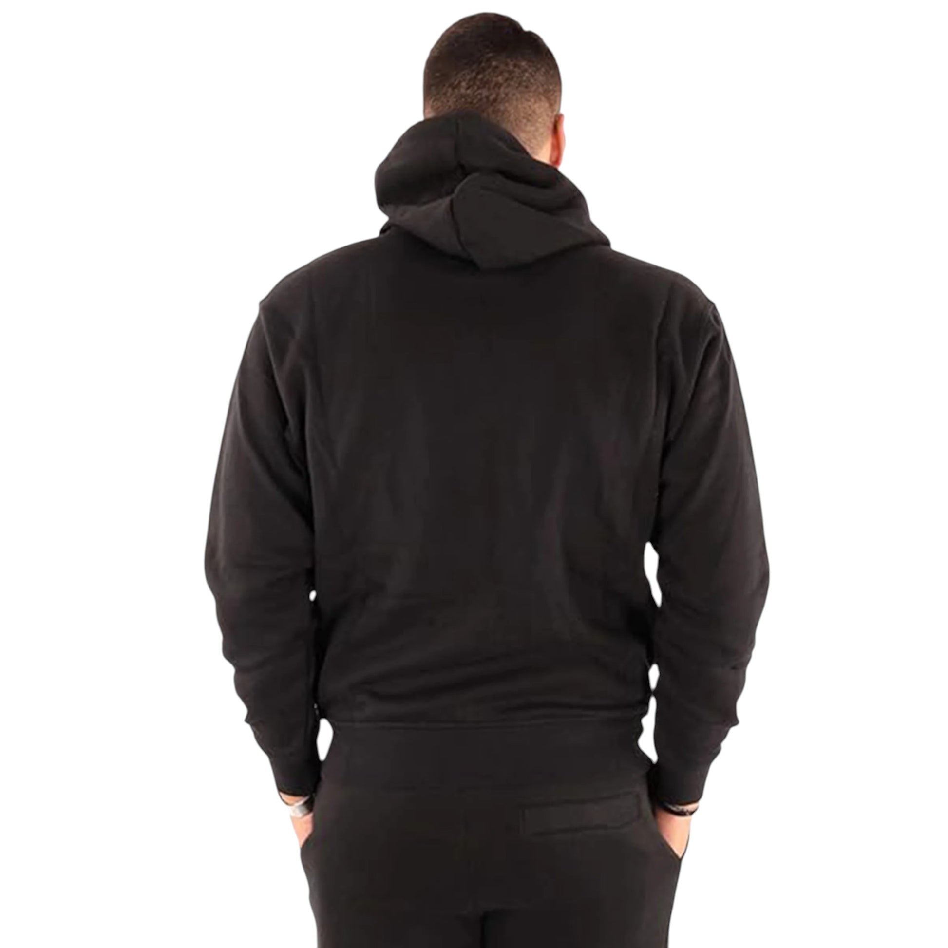 Person wearing a black hoodie from behind on a white background