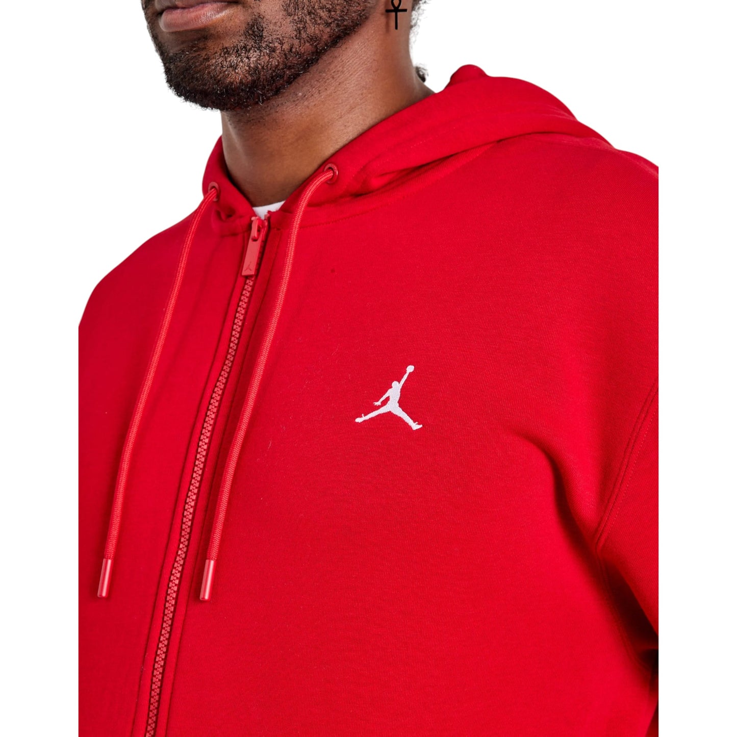 Red hoodie with a white logo on a white background