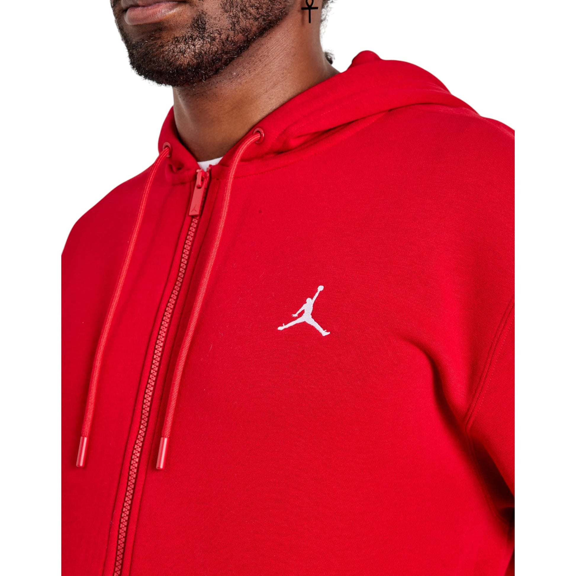 Red hoodie with a white logo on a white background