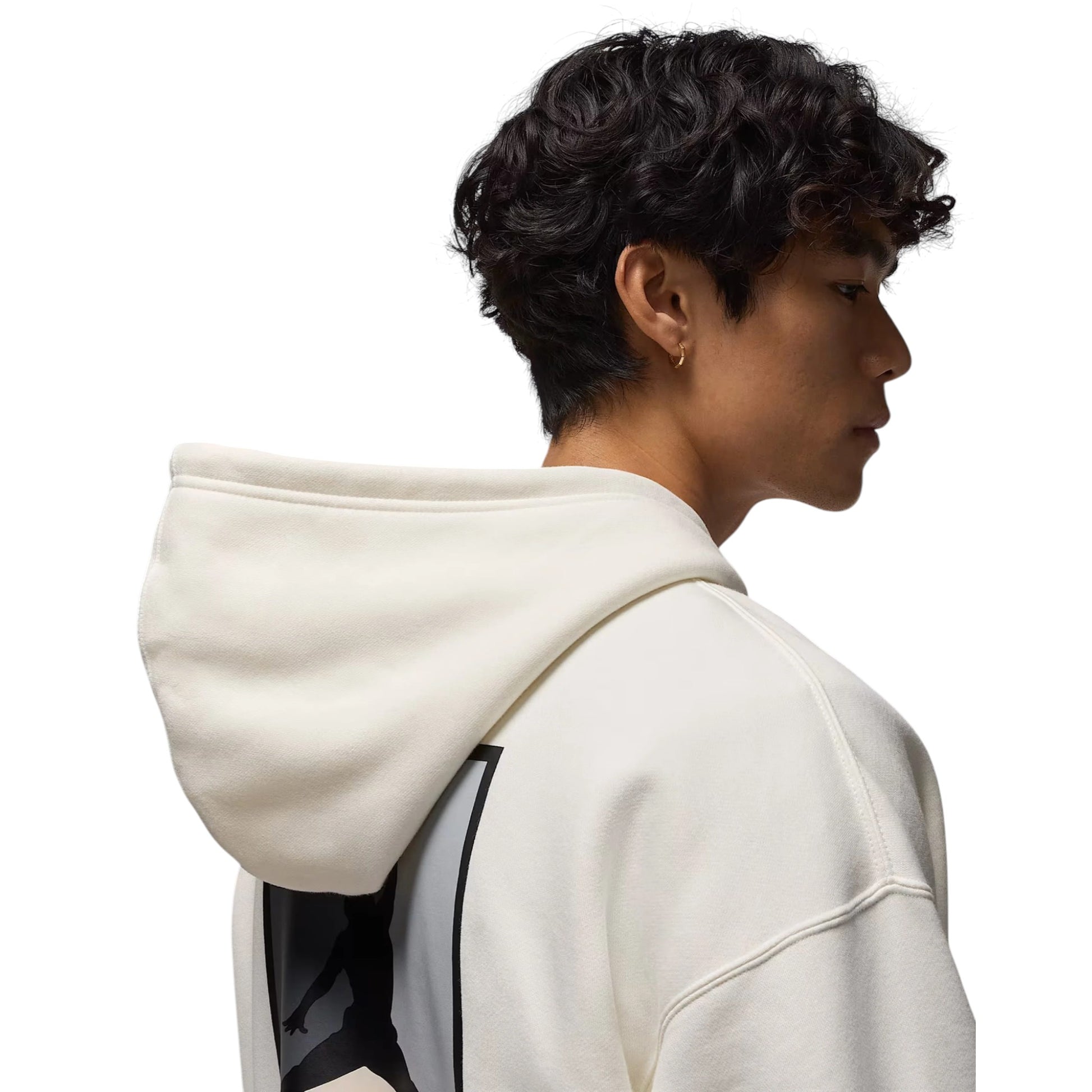 Person wearing a white hoodie with a black backpack on a white background