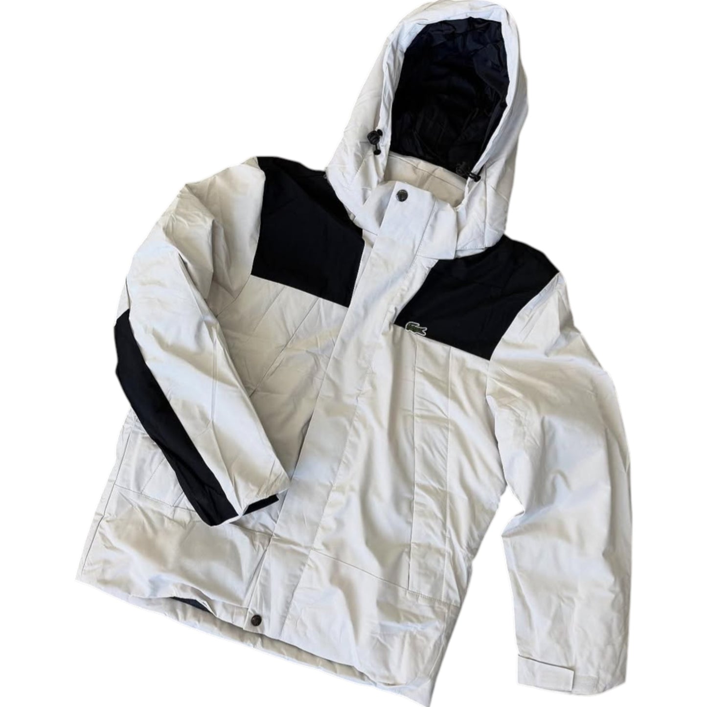 White jacket with black accents on a white background