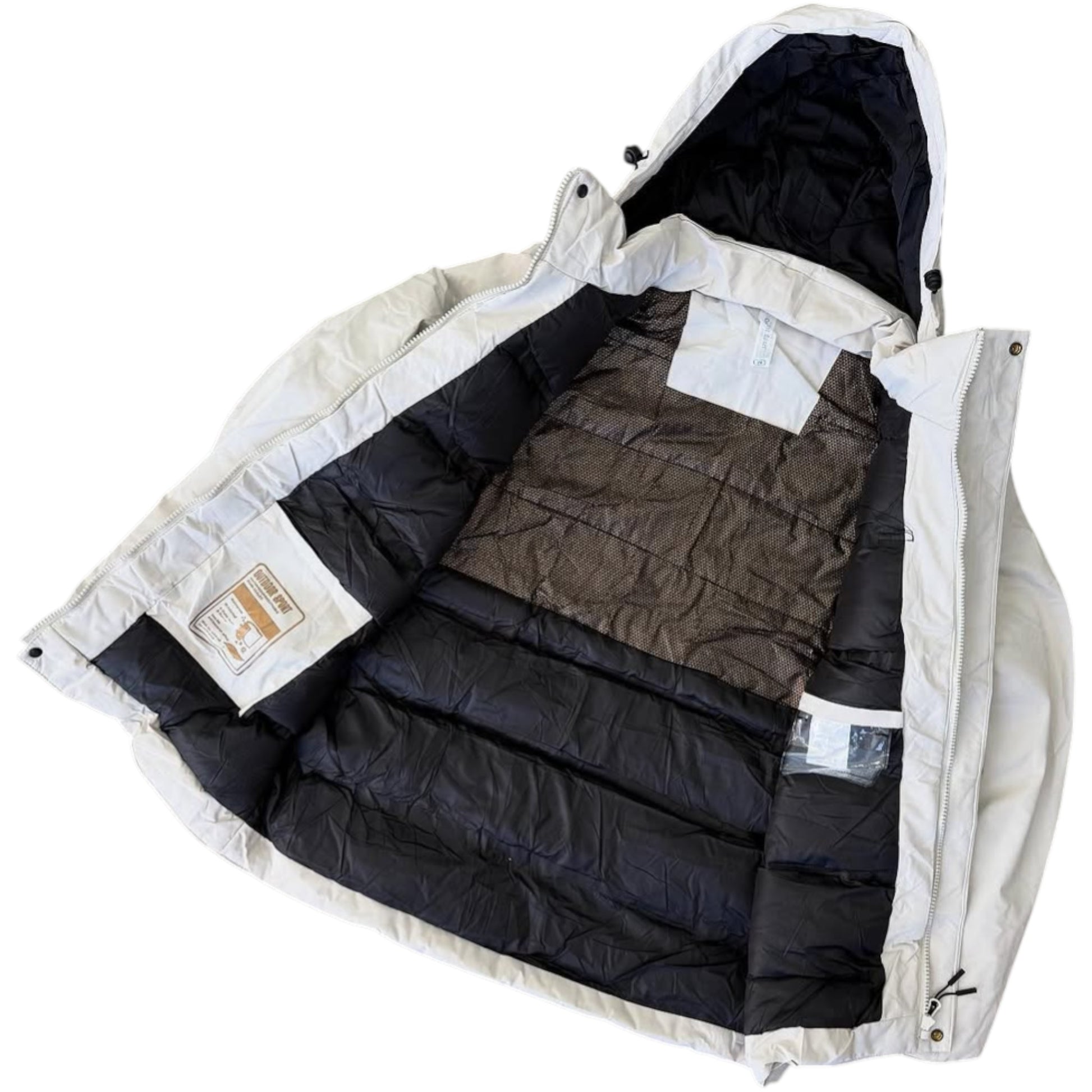Two-layered jacket with black interior and white exterior on a white background