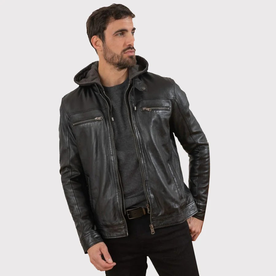 Men’s Black Leather Biker Jacket with Removable Hood – Modern Street Style