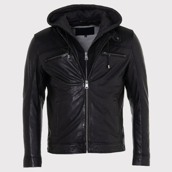 Men’s Black Leather Biker Jacket with Removable Hood – Modern Street Style