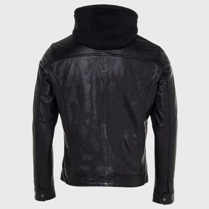 Men’s Black Leather Biker Jacket with Removable Hood – Modern Street Style