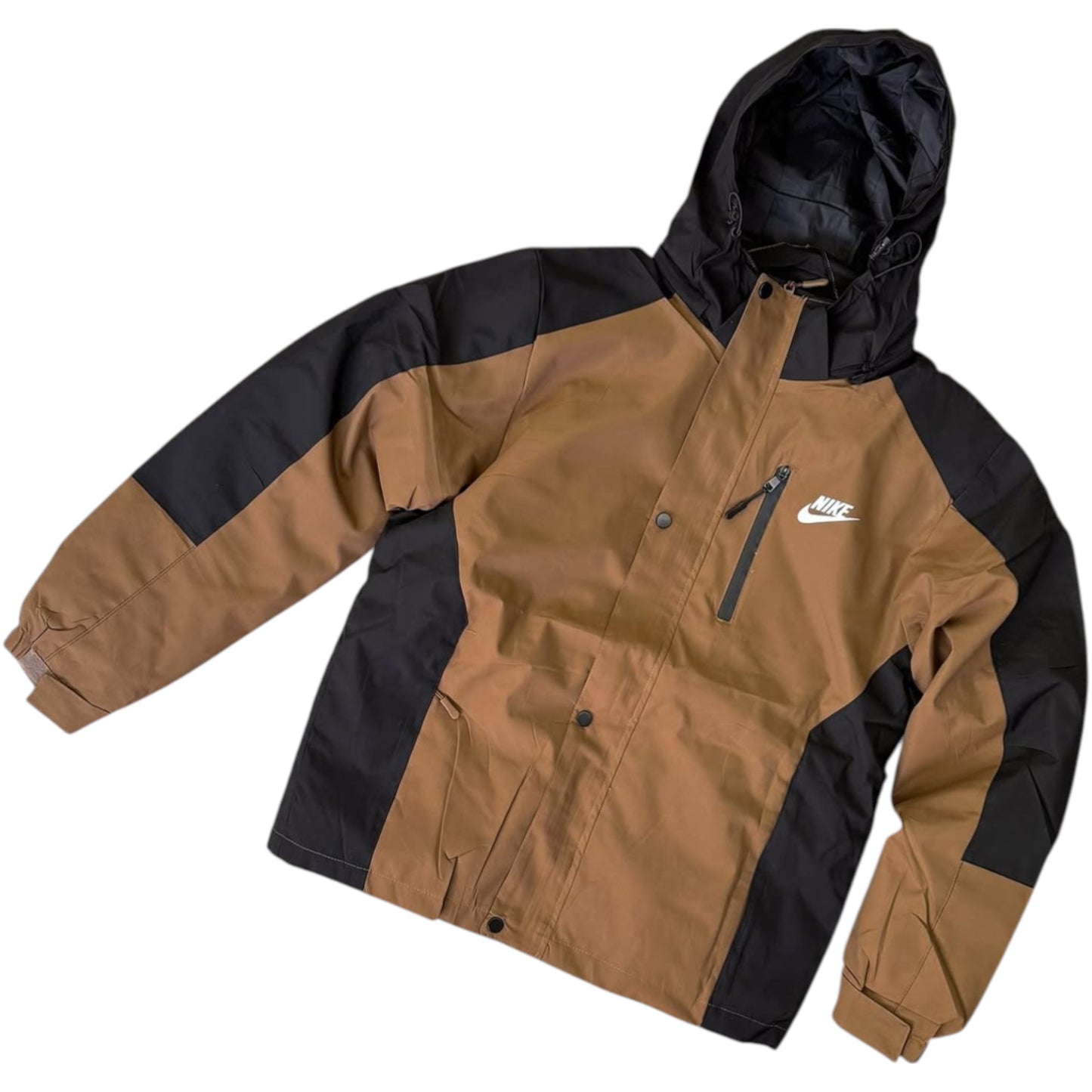 Brown and black jacket with Nike logo on a white background