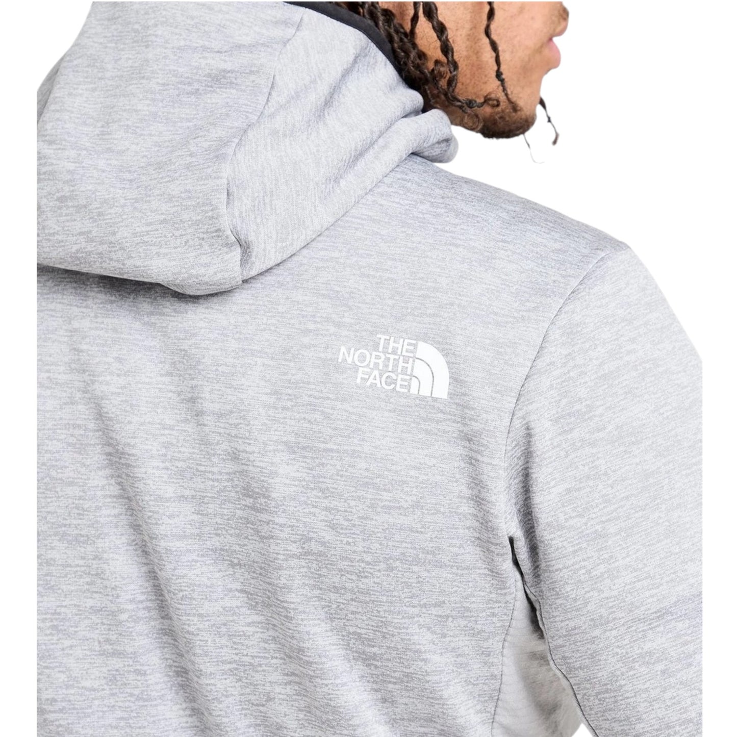 Gray hoodie with The North Face logo on a white background