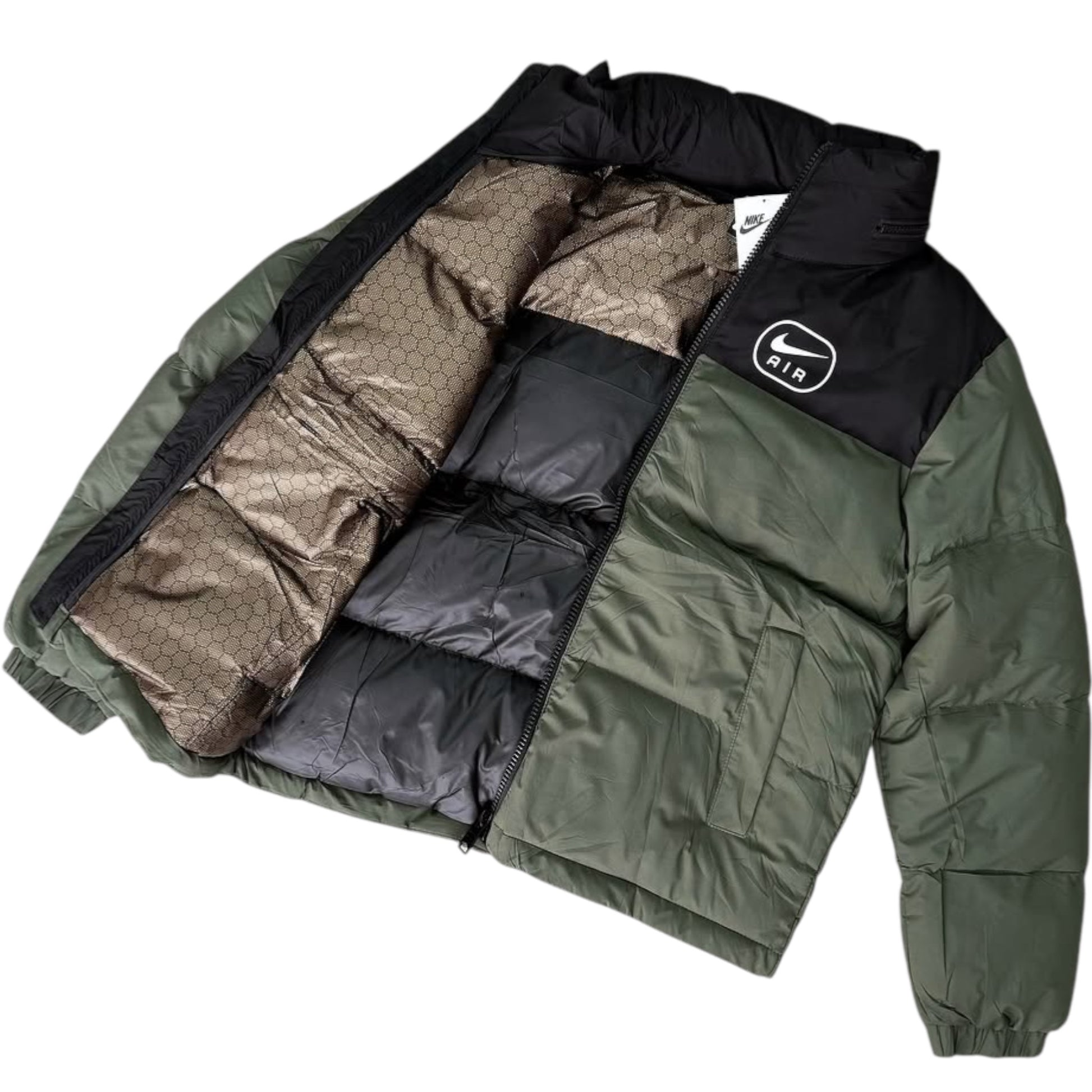 Green puffer jacket with black hood and Nike logo on a white background