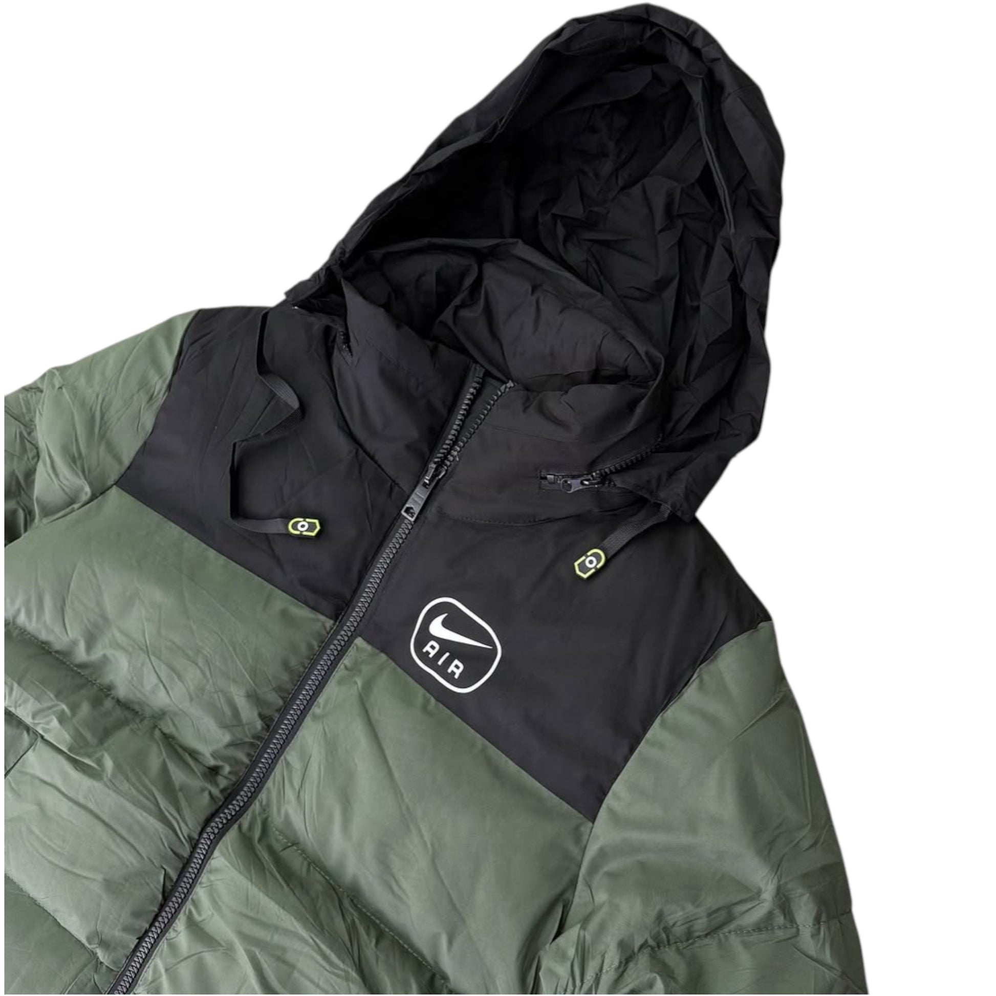 Green and black puffer jacket with a brand logo on a white background