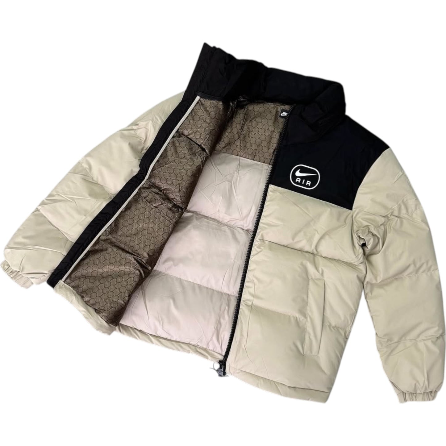 Puffer jacket with a brand logo on a white background