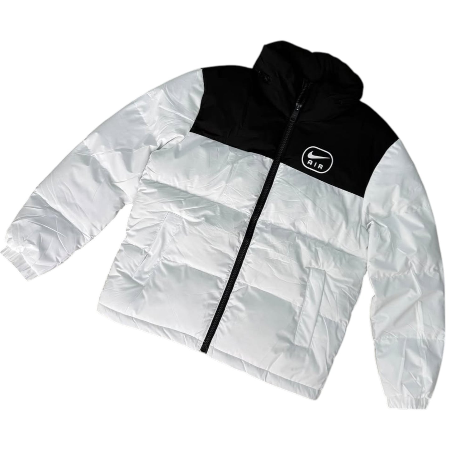 White puffer jacket with black hood and Nike logo on a white background