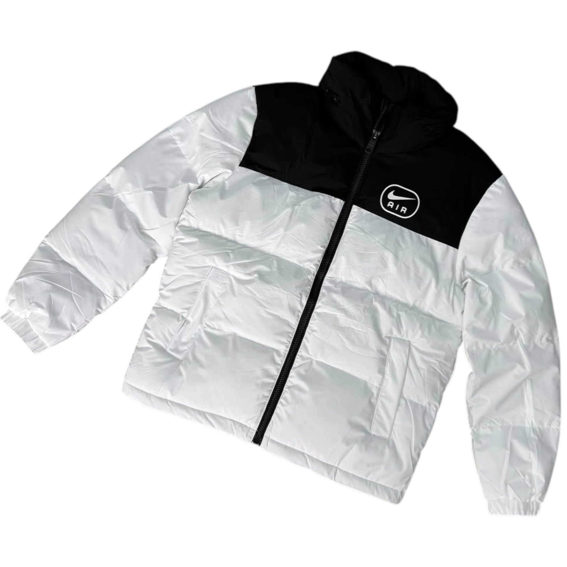 White puffer jacket with black hood and Nike logo on a white background