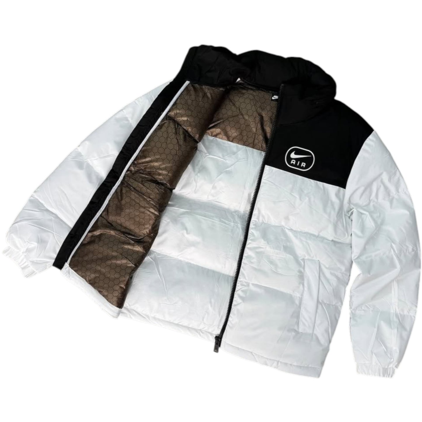 White puffer jacket with black and brown accents on a white background