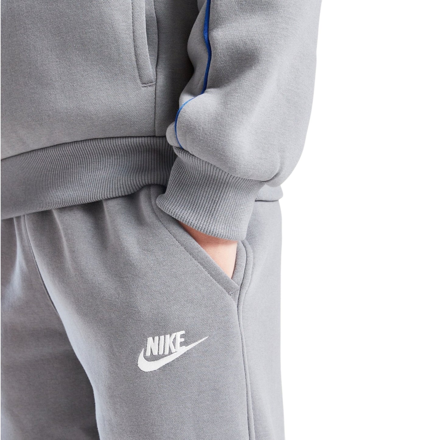 Gray Nike tracksuit with a close-up of the brand logo on a white background