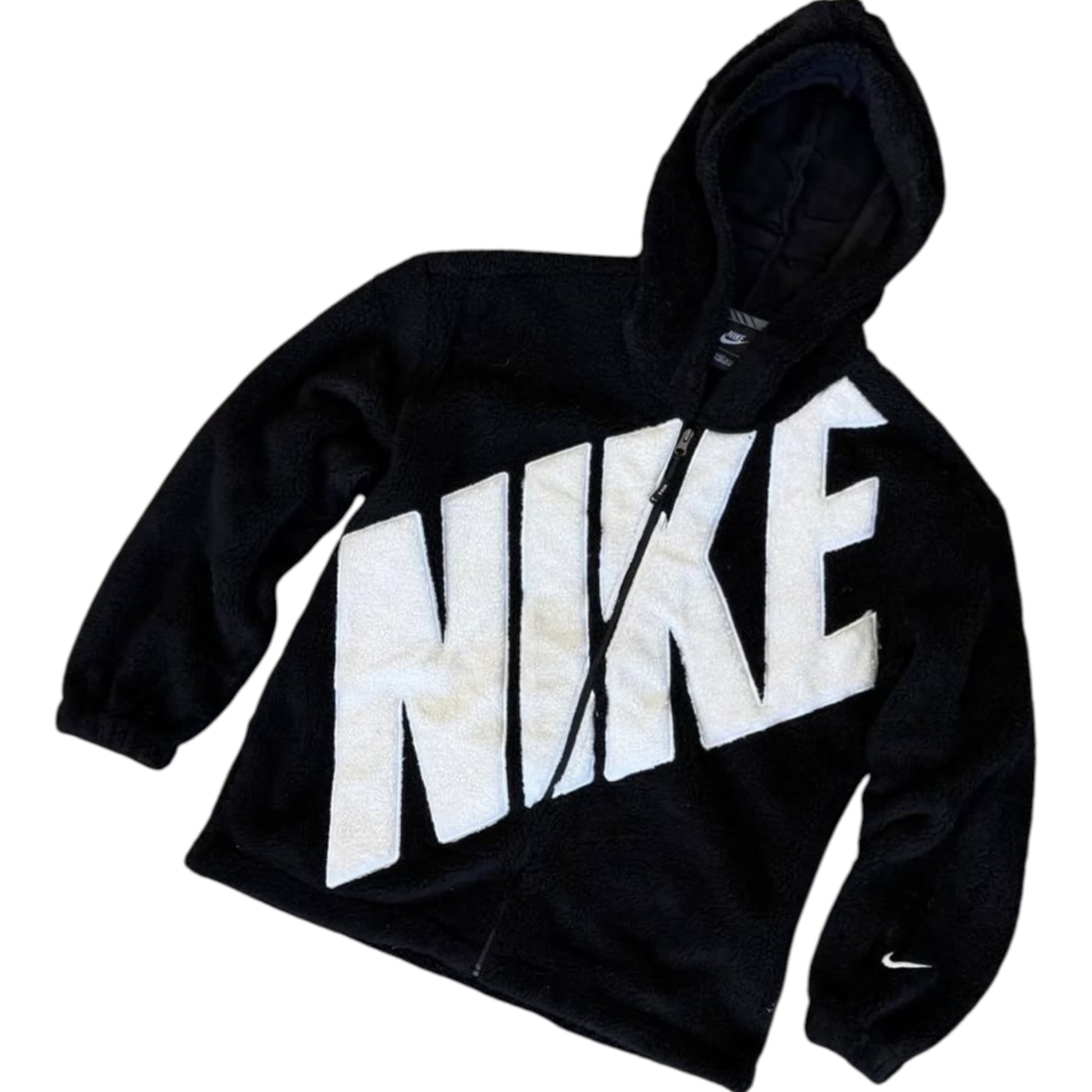Black Nike hoodie with white logo on a white background