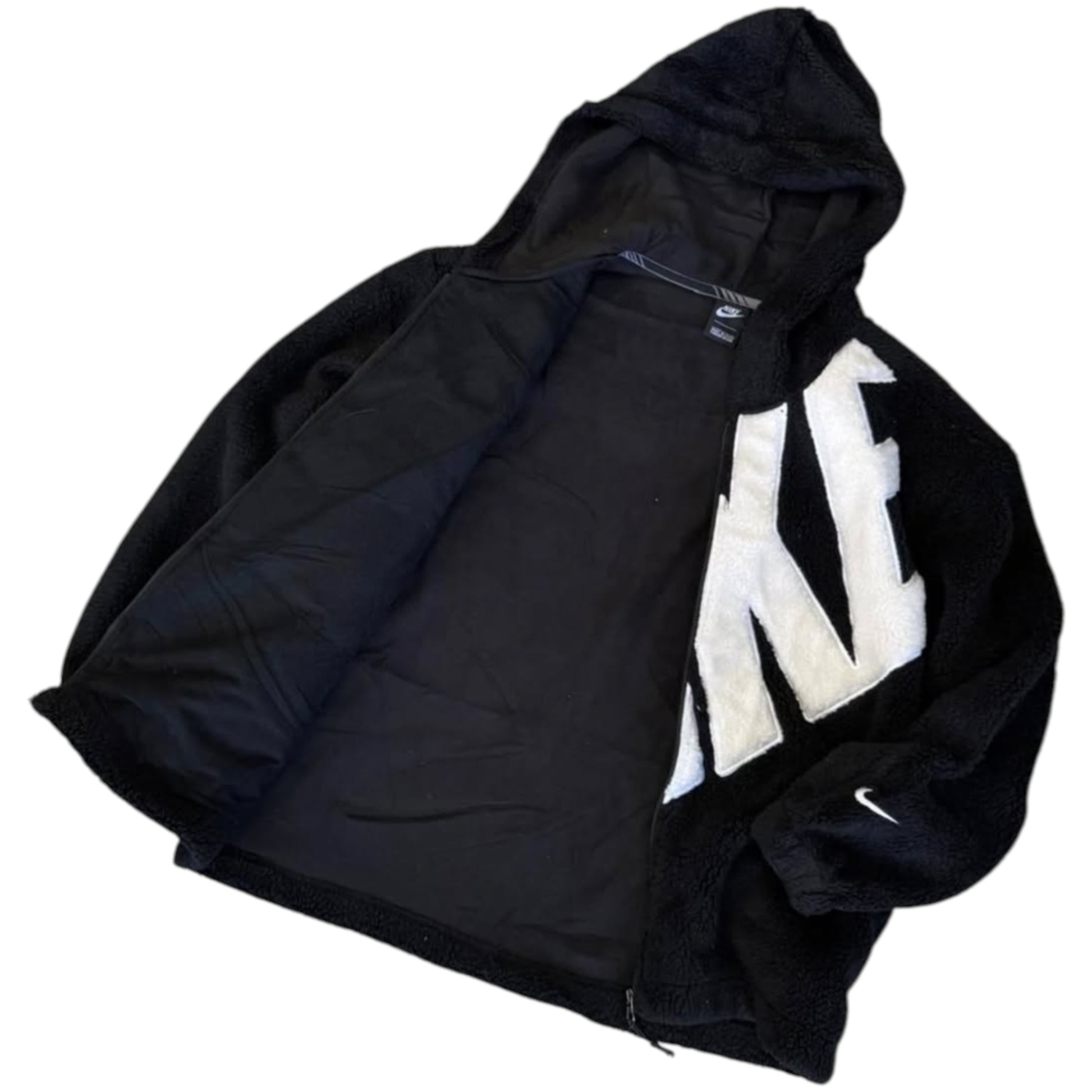 Black hoodie with white logo on a white background