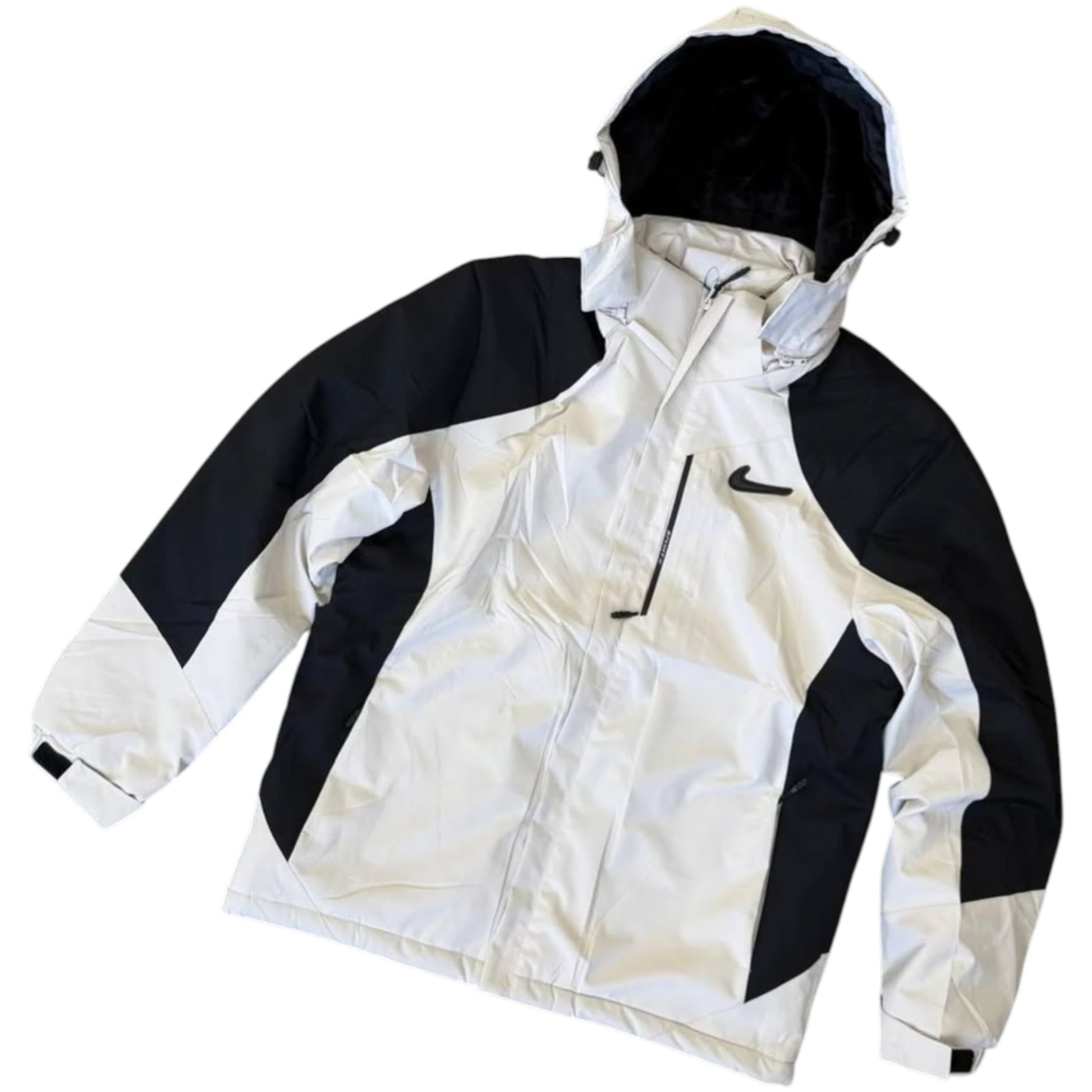 White and black jacket with a hood on a white background