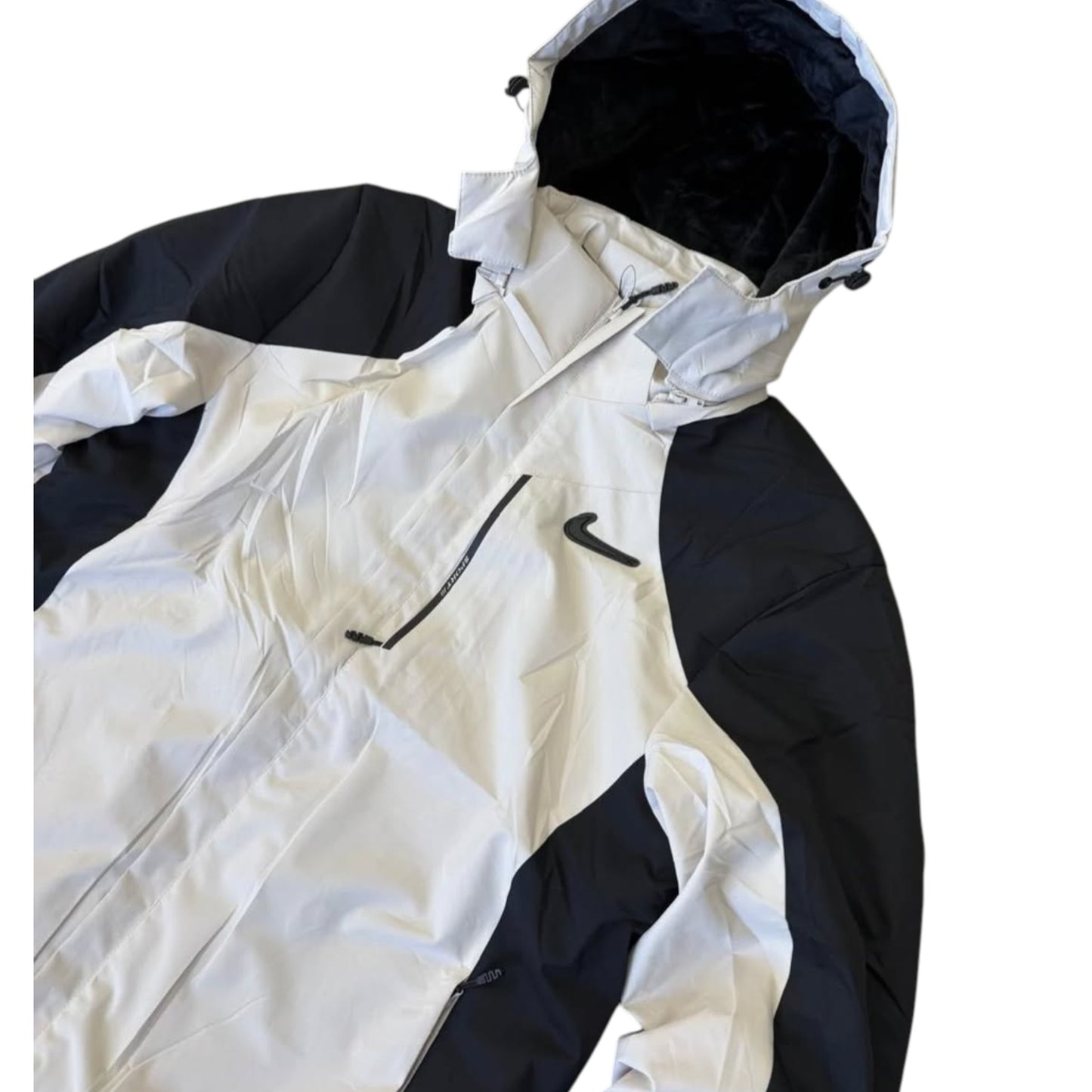 White and black jacket with a brand logo on a white background