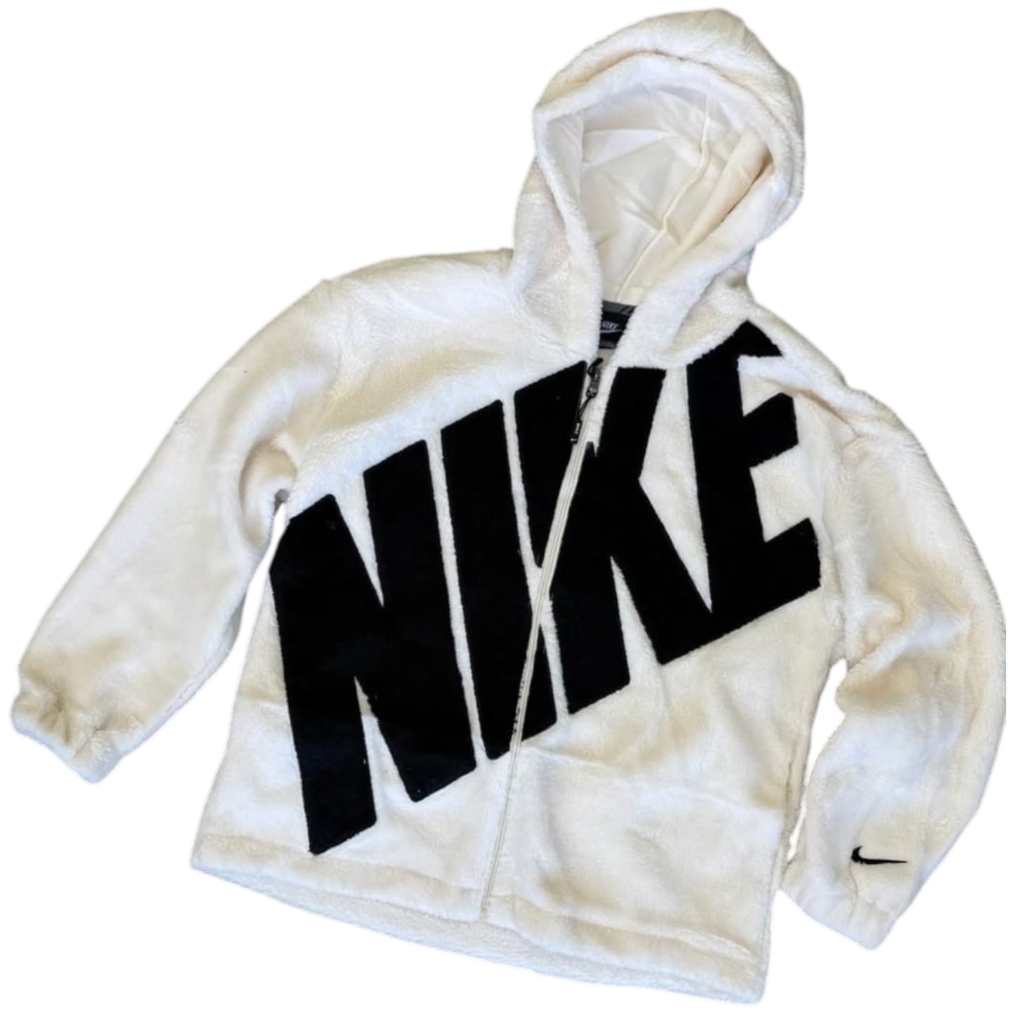 White Nike hoodie with black text on a white background