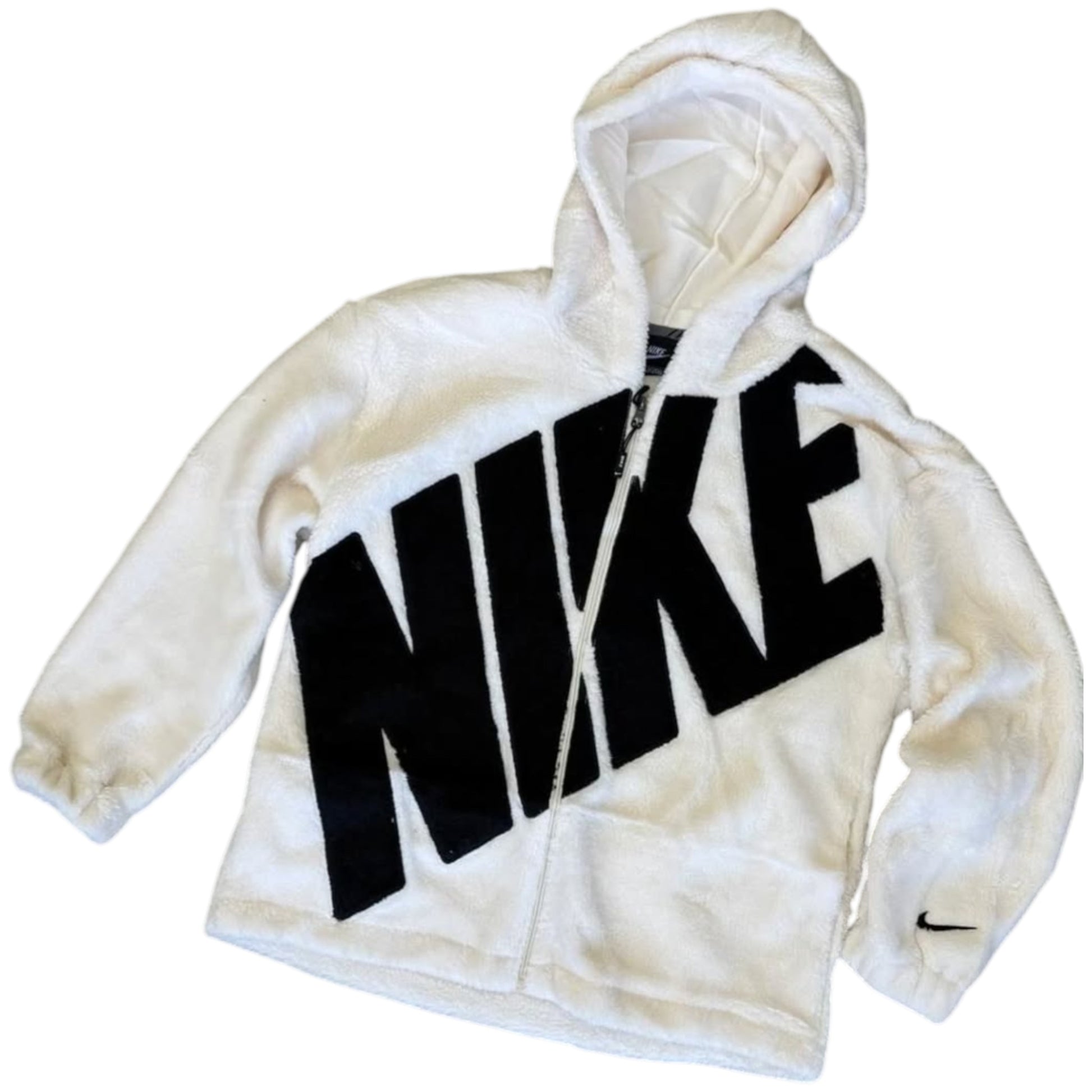 White Nike hoodie with black text on a white background