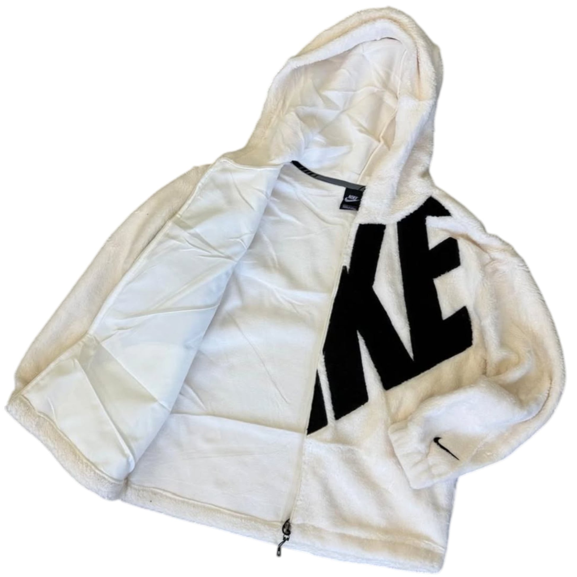 White hoodie with black lettering and Nike logo on a white background