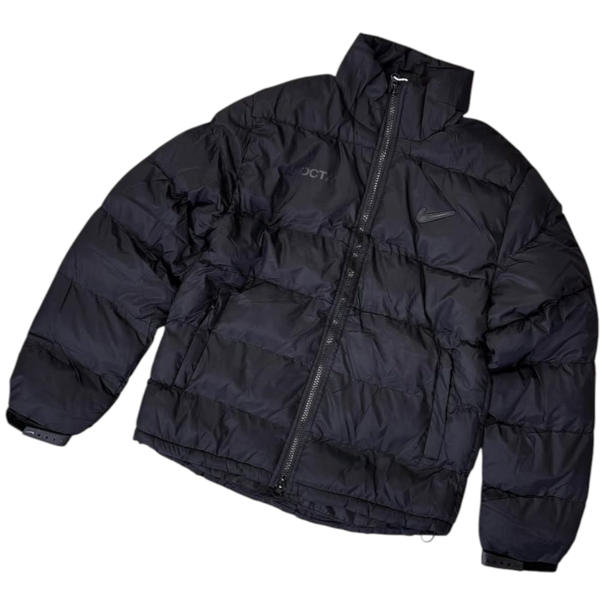 Black puffer jacket with visible branding on a white background