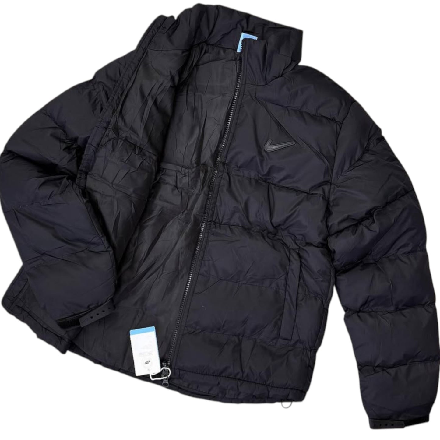 Black puffer jacket with a visible brand logo on a white background