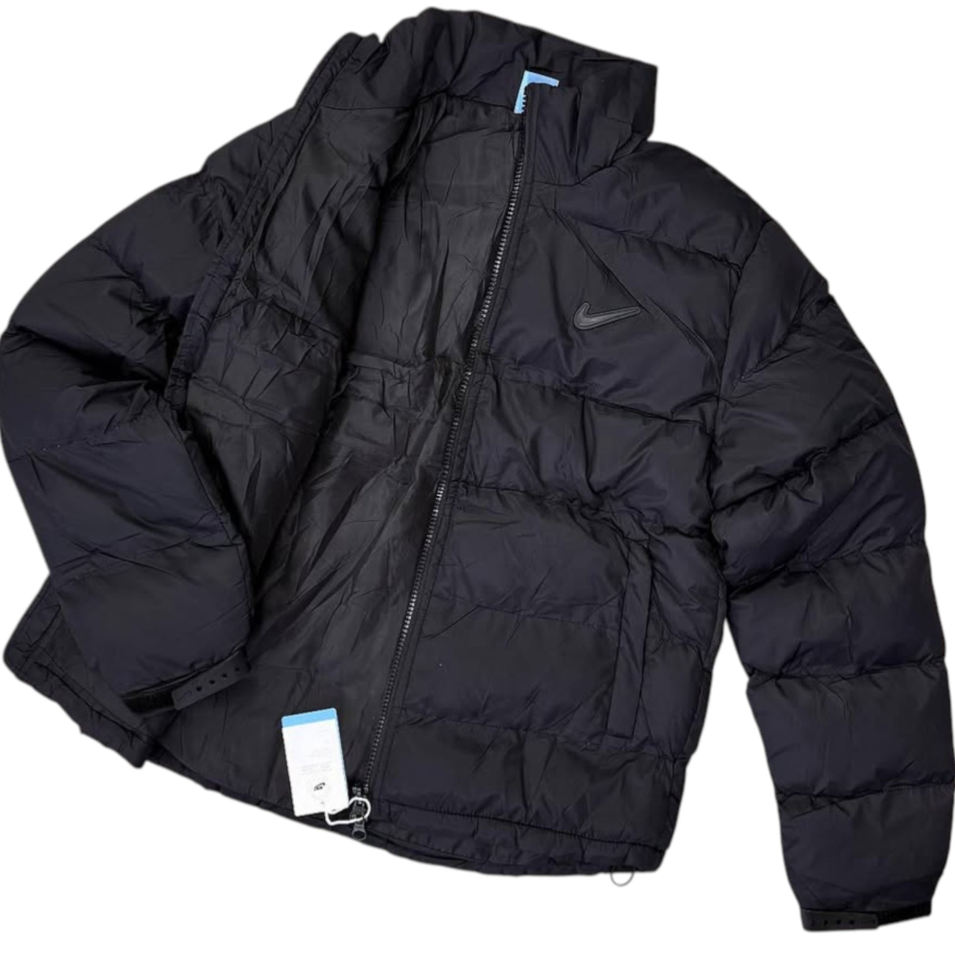 Black puffer jacket with a visible brand logo on a white background