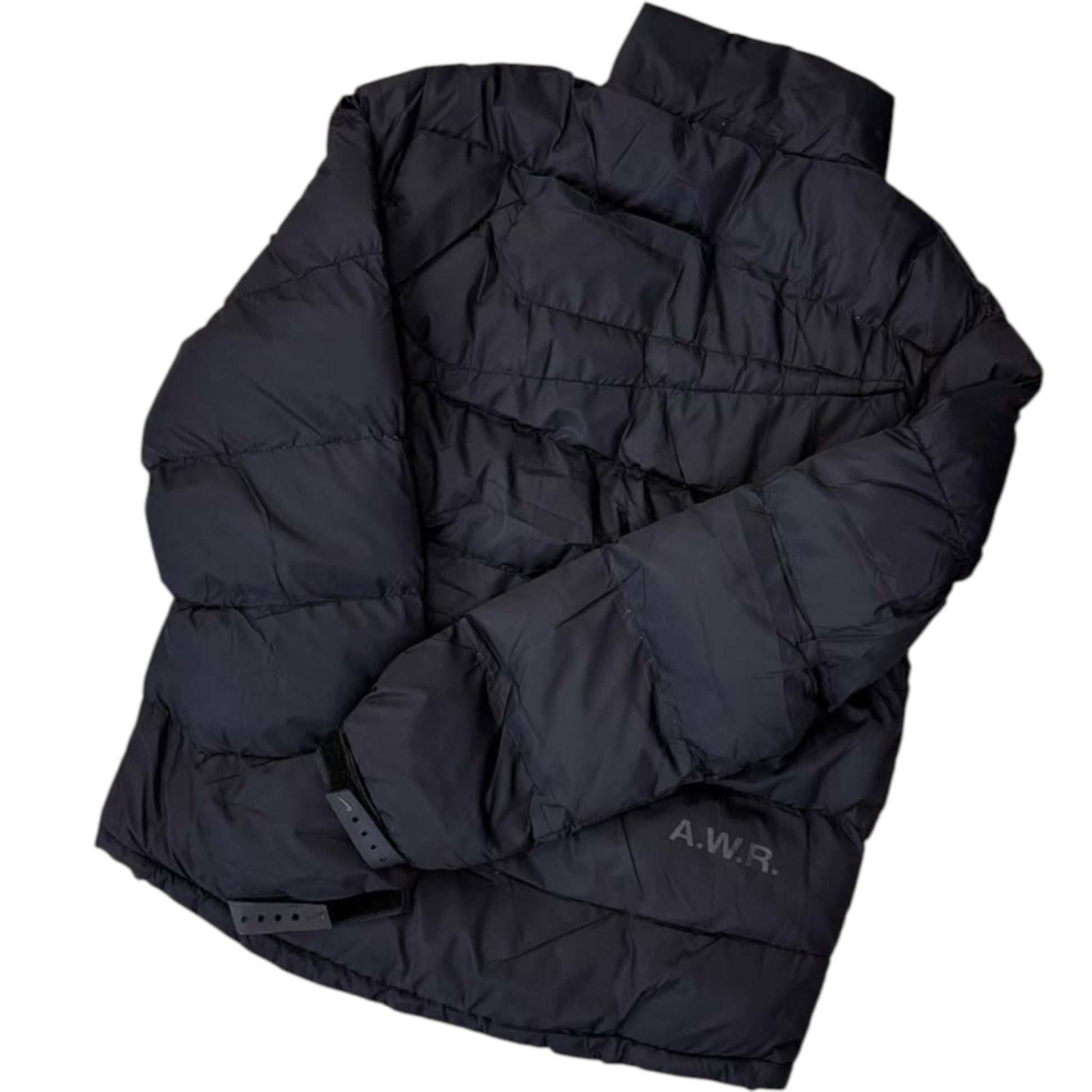Black puffer jacket with 'A.W.R.' branding on a white background